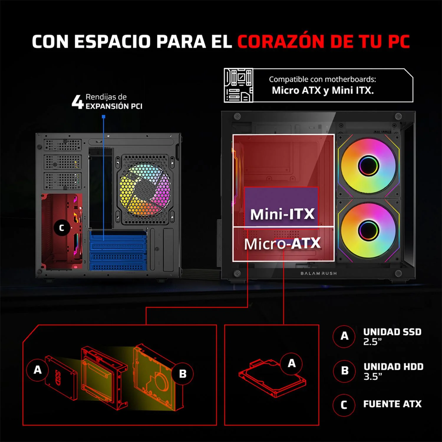 Gabinete Gamer BALAM RUSH TANK GLOW PLUS 3700 Micro ATX Mini Torre 3 Fan ARGB Cristal templado Frente Cristal Negro BR-943864 - Image 4