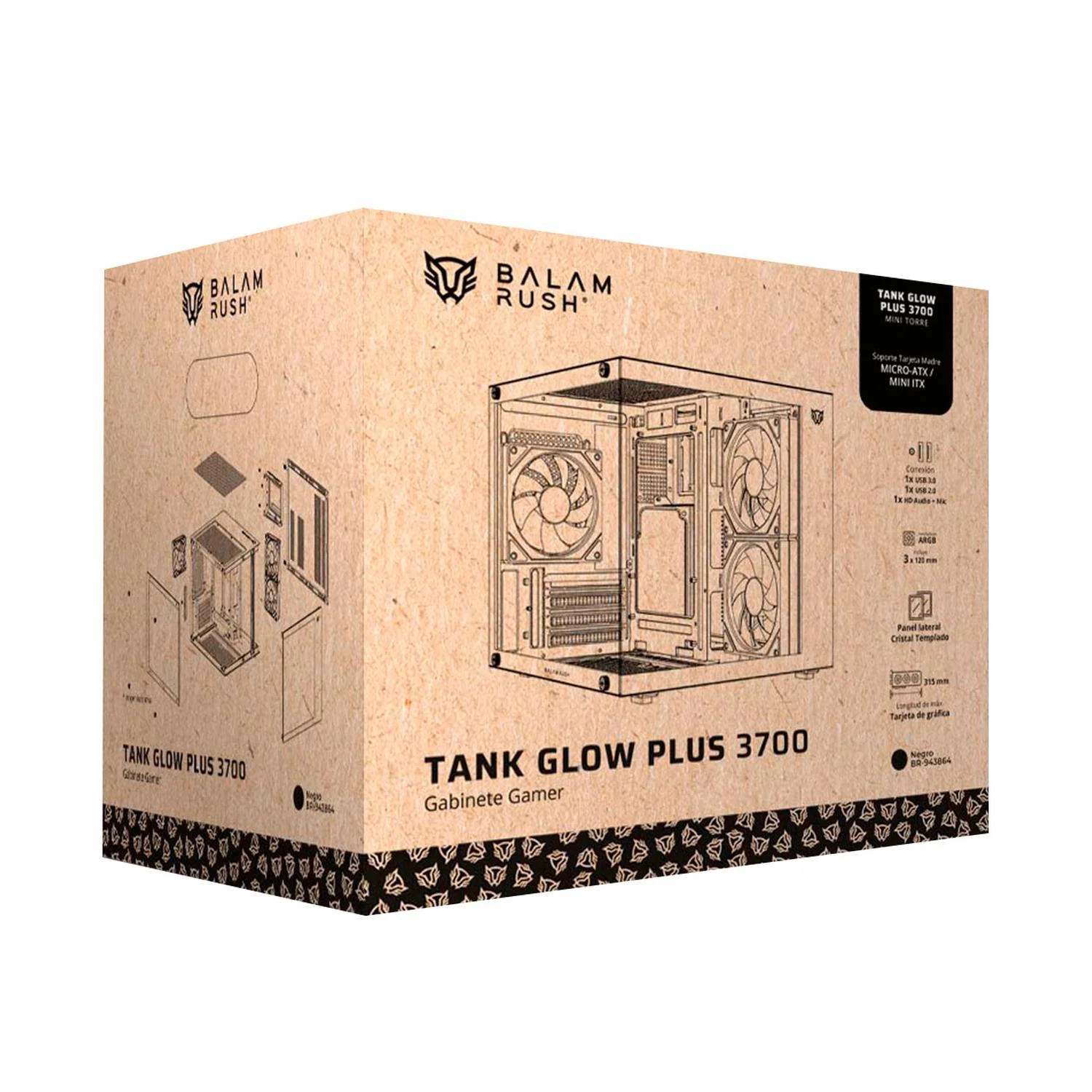 Gabinete Gamer BALAM RUSH TANK GLOW PLUS 3700 Micro ATX Mini Torre 3 Fan ARGB Cristal templado Frente Cristal Negro BR-943864 - Image 6