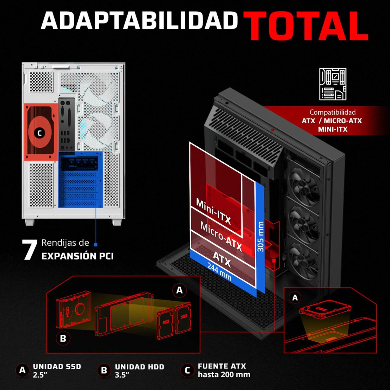 Gabinete Gamer BALAM RUSH TANK MAJESTIC 7600 ATX Media Torre 5 Fan Panel Cristal Templado USB-C ARGB Blanco BR-941501 - Image 2