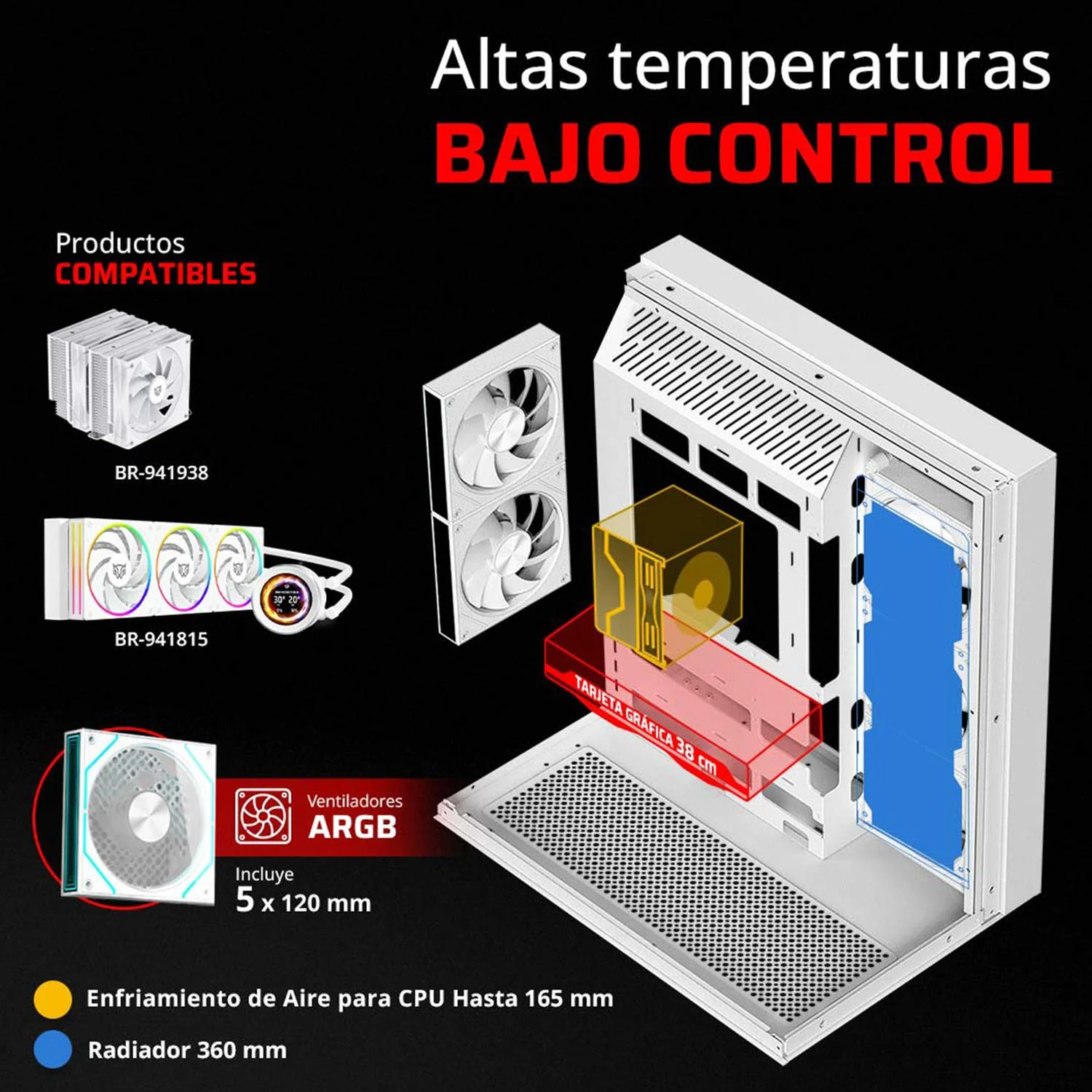 Gabinete Gamer BALAM RUSH TANK MAJESTIC 7600 ATX Media Torre 5 Fan Panel Cristal Templado USB-C ARGB Blanco BR-941501 - Image 3