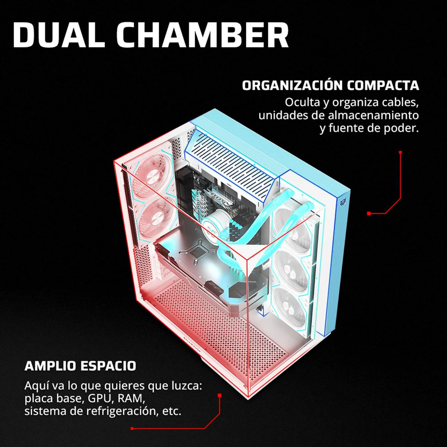 Gabinete Gamer BALAM RUSH TANK MAJESTIC 7600 ATX Media Torre 5 Fan Panel Cristal Templado USB-C ARGB Blanco BR-941501 - Image 4