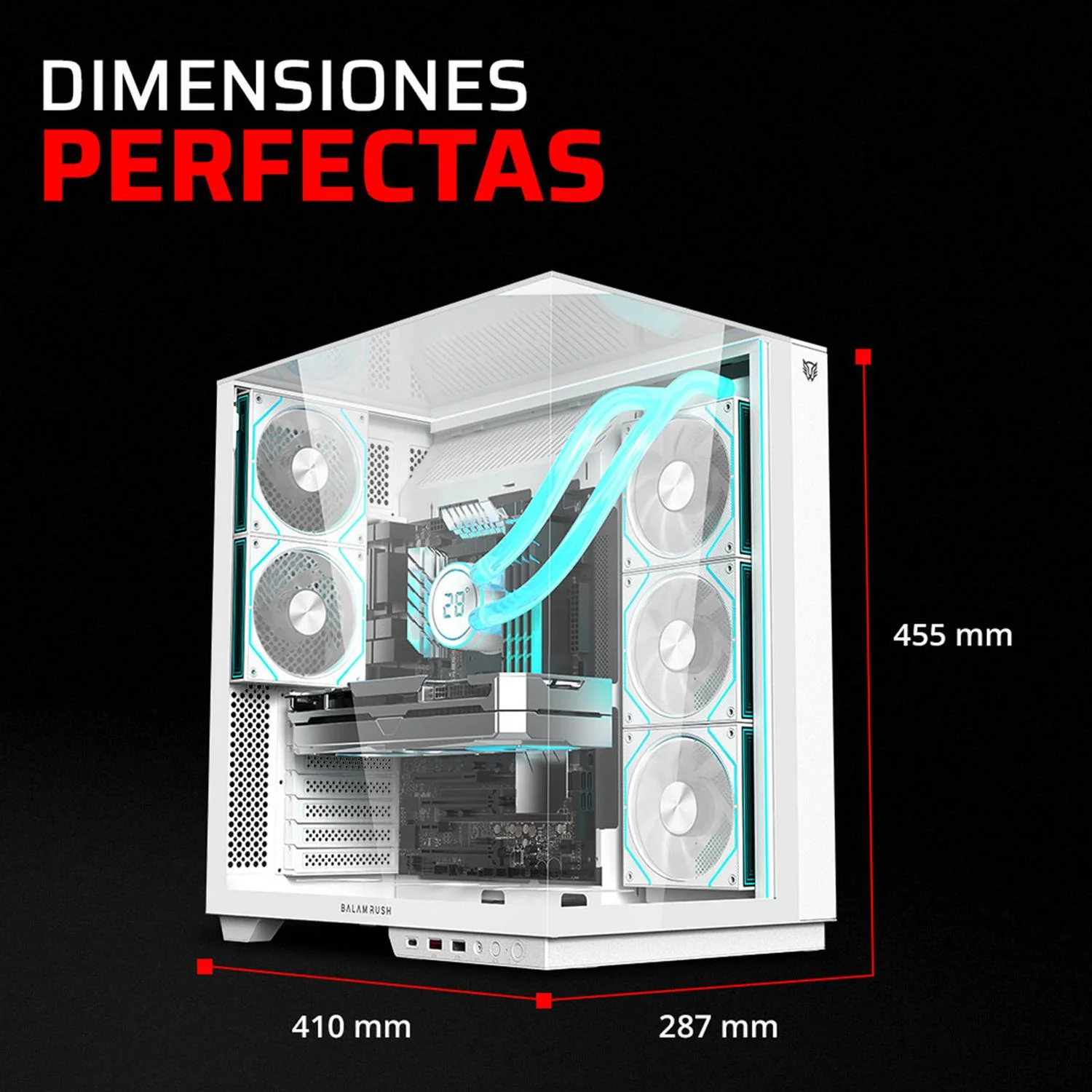 Gabinete Gamer BALAM RUSH TANK MAJESTIC 7600 ATX Media Torre 5 Fan Panel Cristal Templado USB-C ARGB Blanco BR-941501 - Image 5