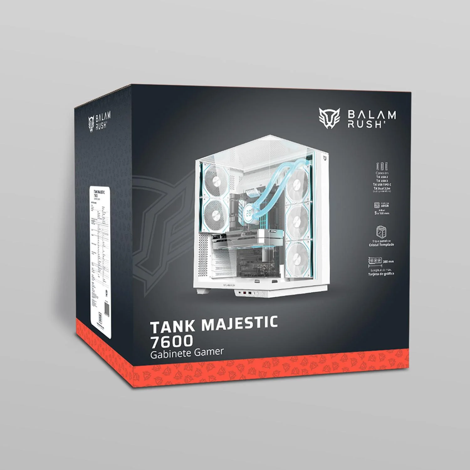 Gabinete Gamer BALAM RUSH TANK MAJESTIC 7600 ATX Media Torre 5 Fan Panel Cristal Templado USB-C ARGB Blanco BR-941501 - Image 6