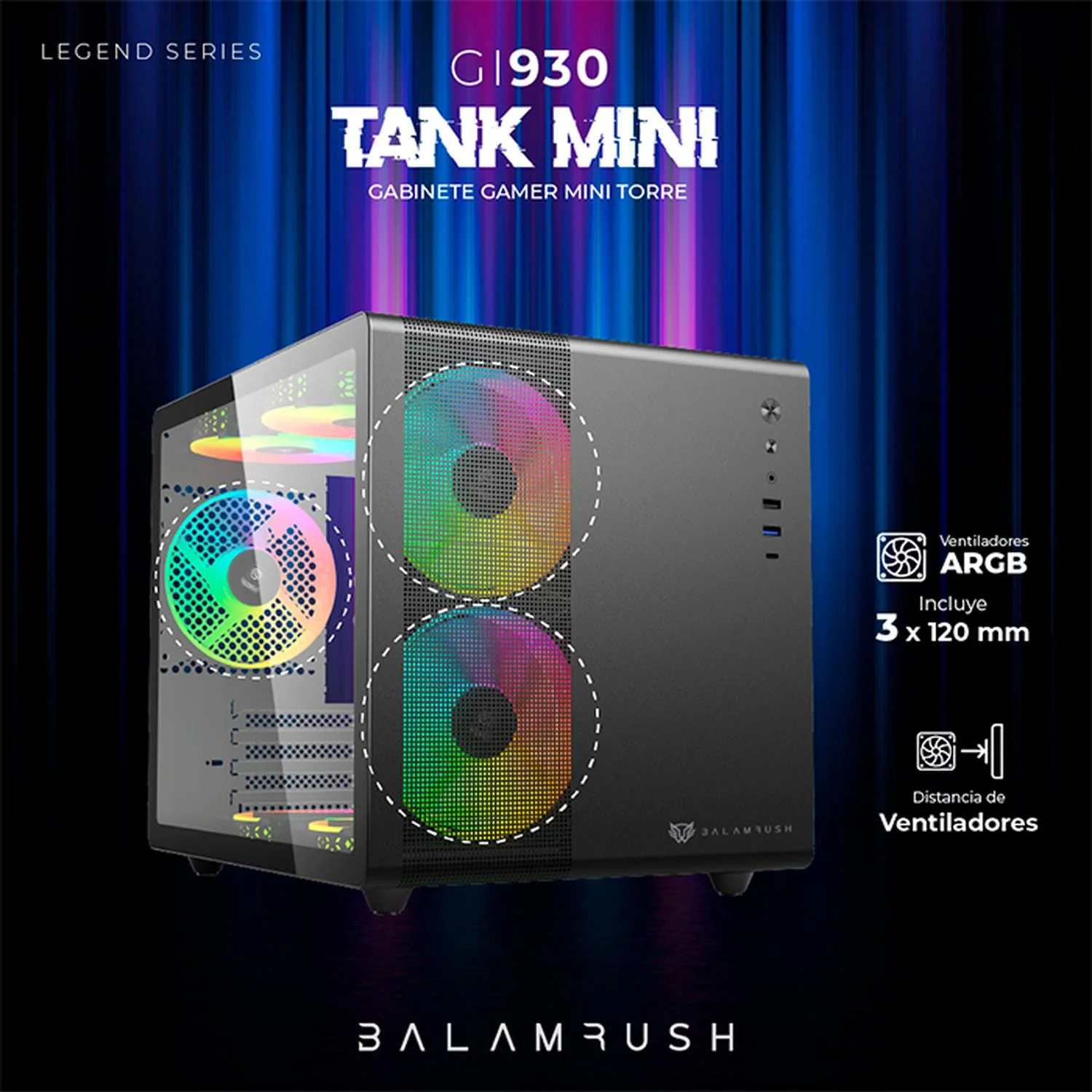 Gabinete Gamer BALAM RUSH TANK MINI GI930 M-ATX Mini Torre 3 Fan RGB USB-C Negro BR-936033 - Image 2
