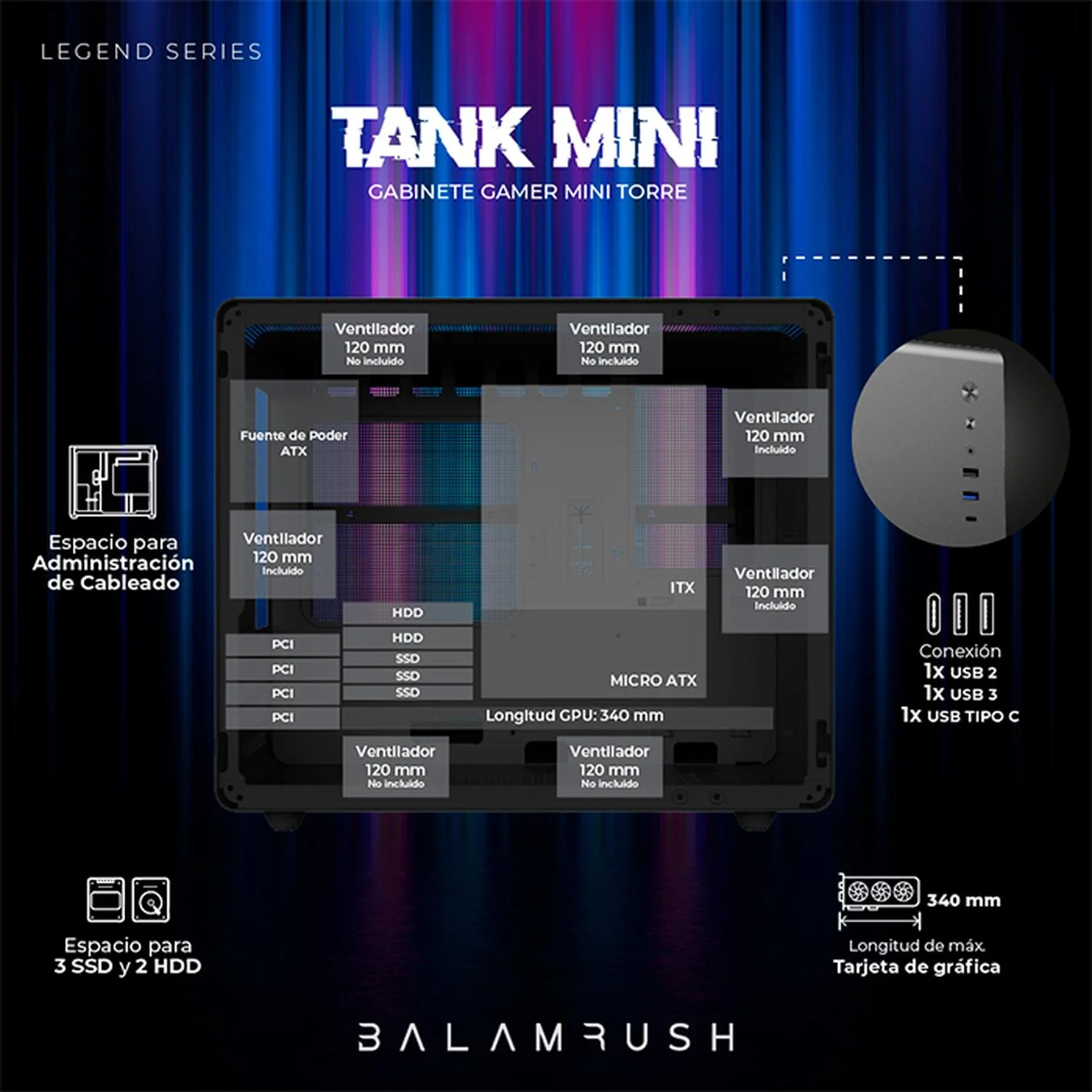 Gabinete Gamer BALAM RUSH TANK MINI GI930 M-ATX Mini Torre 3 Fan RGB USB-C Negro BR-936033 - Image 3