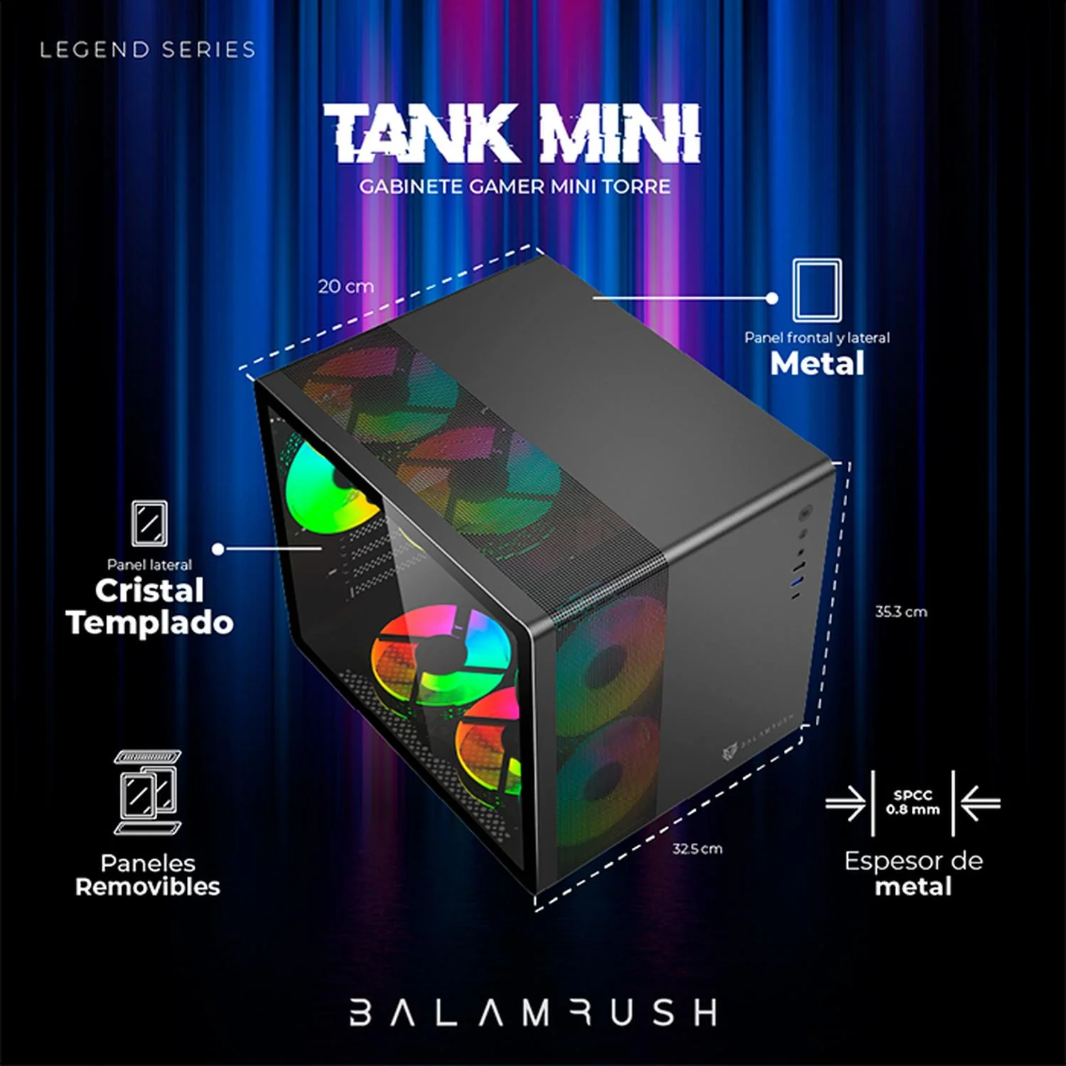 Gabinete Gamer BALAM RUSH TANK MINI GI930 M-ATX Mini Torre 3 Fan RGB USB-C Negro BR-936033 - Image 4