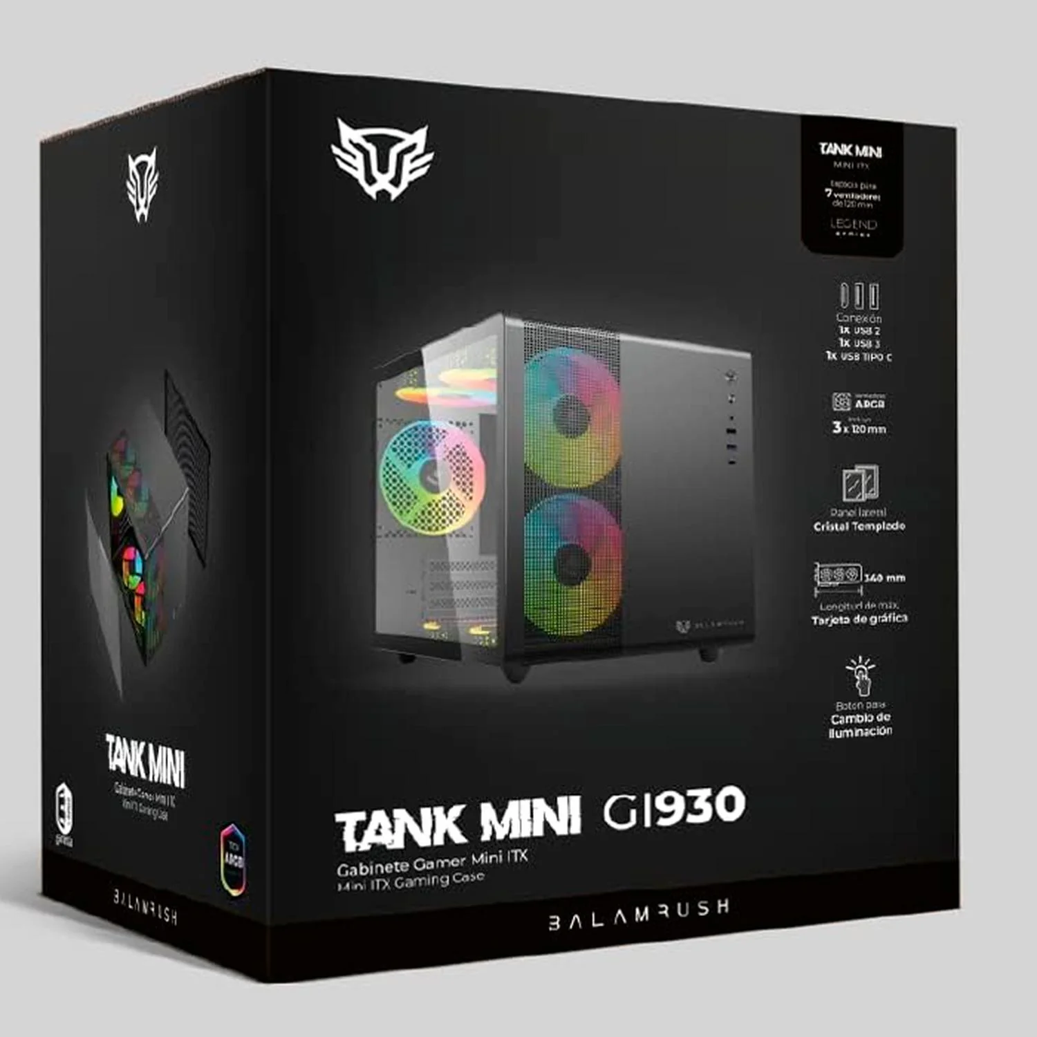 Gabinete Gamer BALAM RUSH TANK MINI GI930 M-ATX Mini Torre 3 Fan RGB USB-C Negro BR-936033 - Image 5