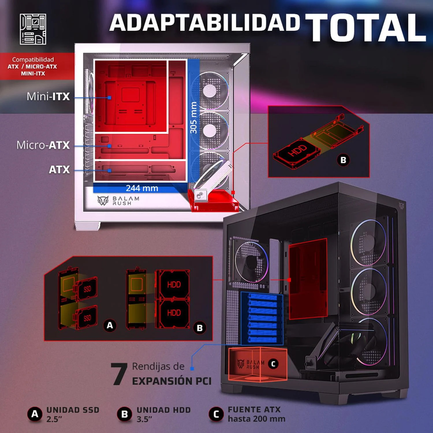 Gabinete Gamer BALAM RUSH TANK POLAR 7900 ATX Media Torre 5 Fan Cristal Templado USB-C ARGB Blanco BR-941488 - Image 2