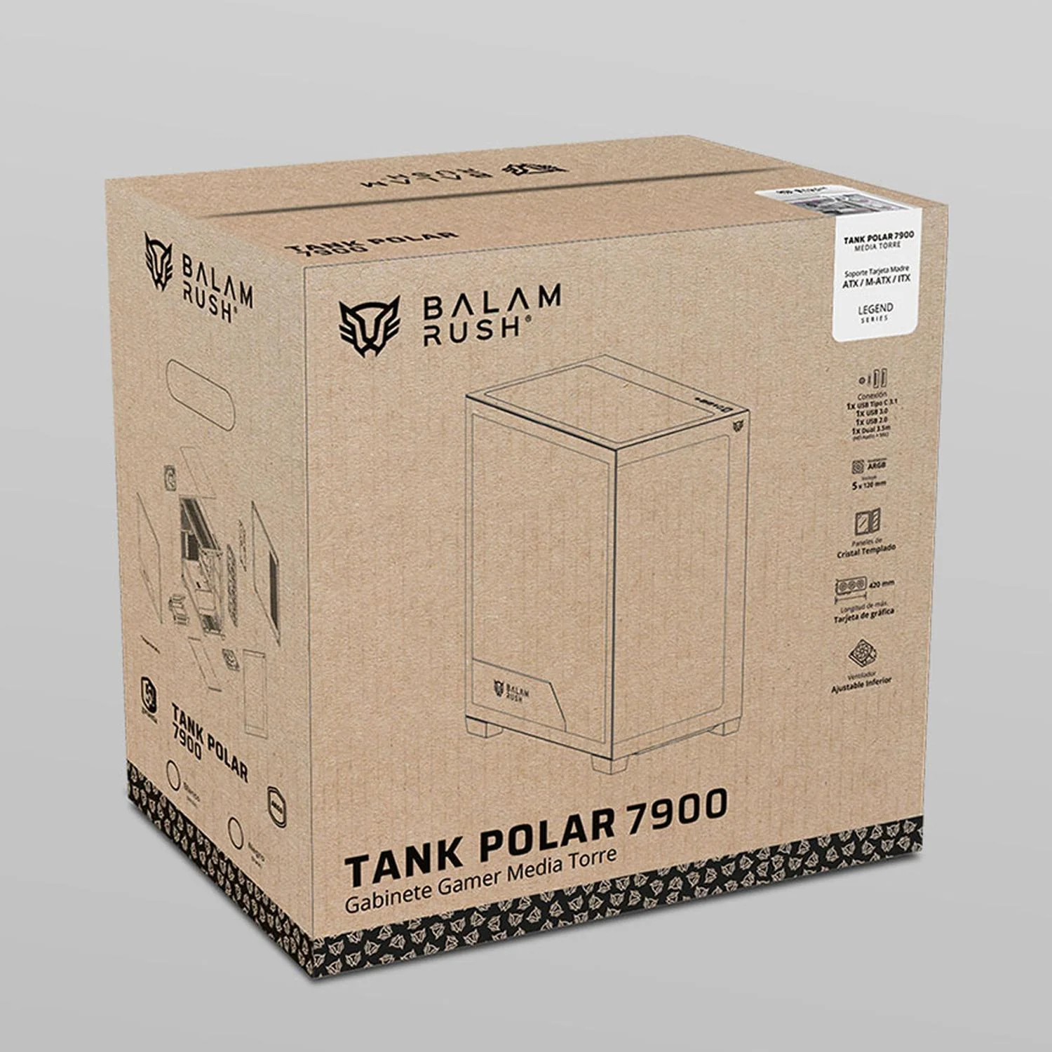Gabinete Gamer BALAM RUSH TANK POLAR 7900 ATX Media Torre 5 Fan Cristal Templado USB-C ARGB Blanco BR-941488 - Image 6