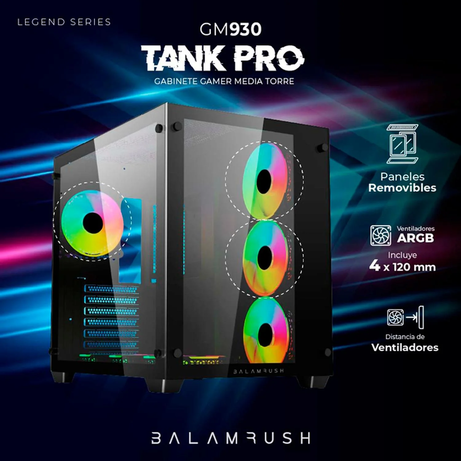 Gabinete Gamer BALAM RUSH TANK PRO GM930 ATX Media Torre 4 Fan RGB USB 3.0 Negro BR-935944 - Image 2