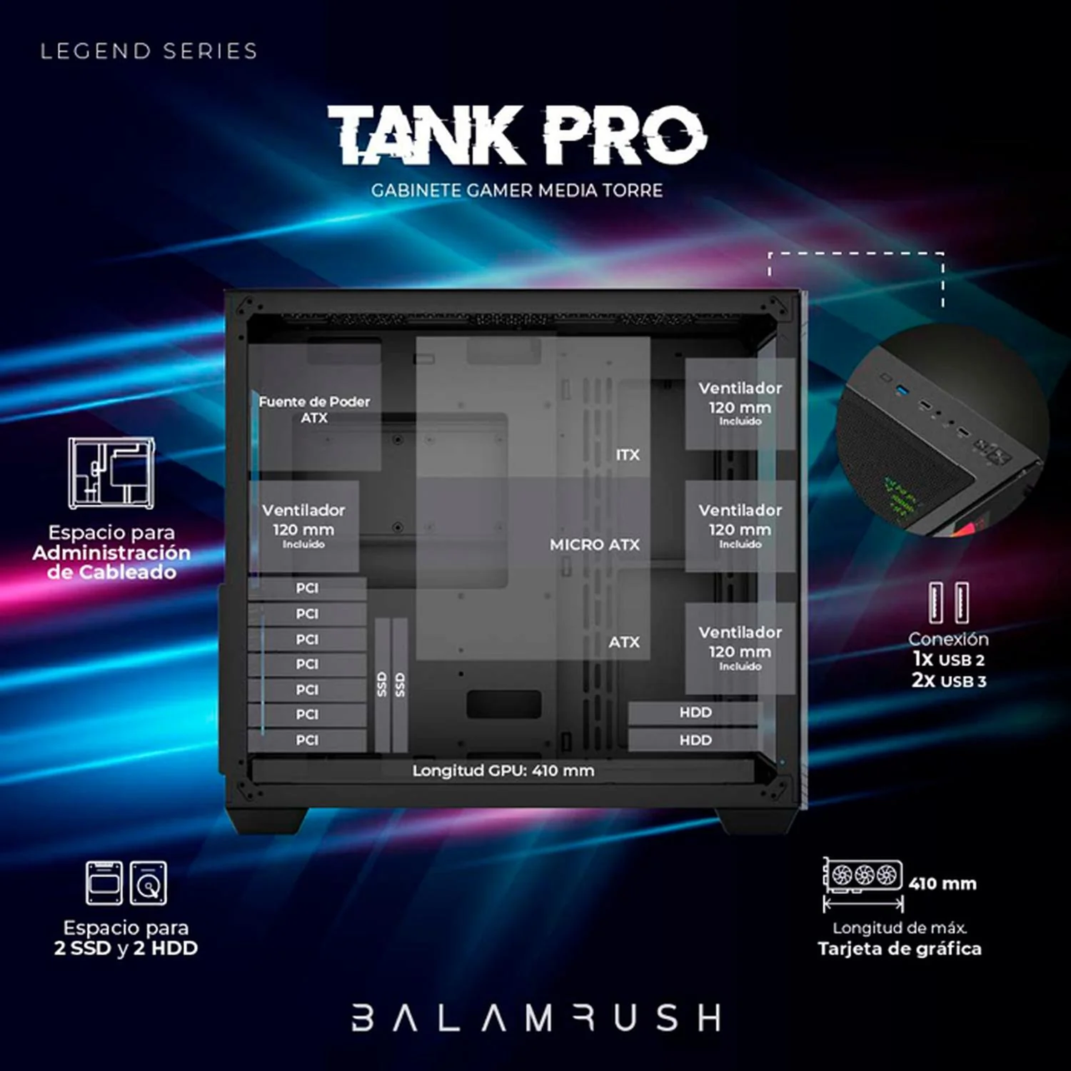Gabinete Gamer BALAM RUSH TANK PRO GM930 ATX Media Torre 4 Fan RGB USB 3.0 Negro BR-935944 - Image 3