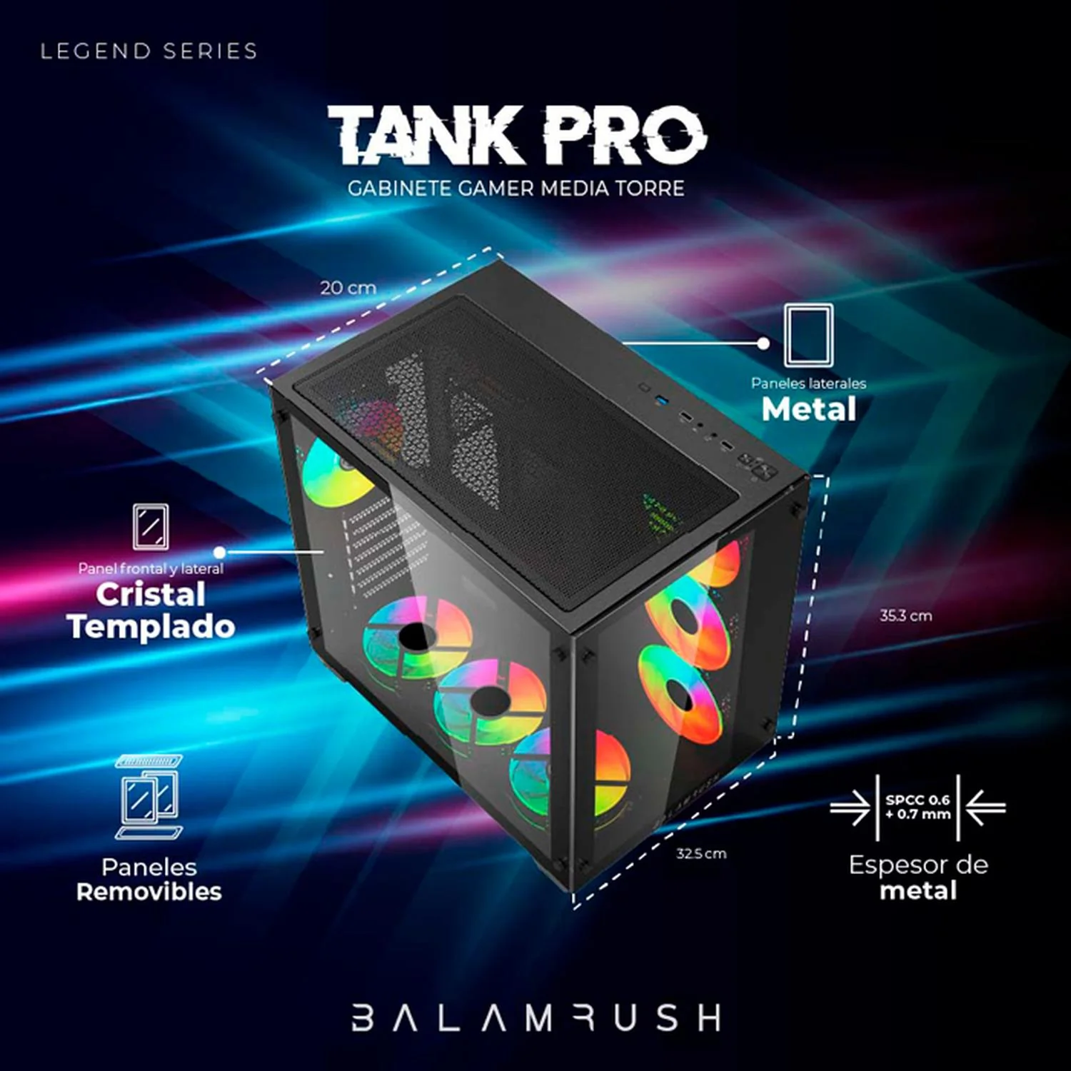 Gabinete Gamer BALAM RUSH TANK PRO GM930 ATX Media Torre 4 Fan RGB USB 3.0 Negro BR-935944 - Image 4