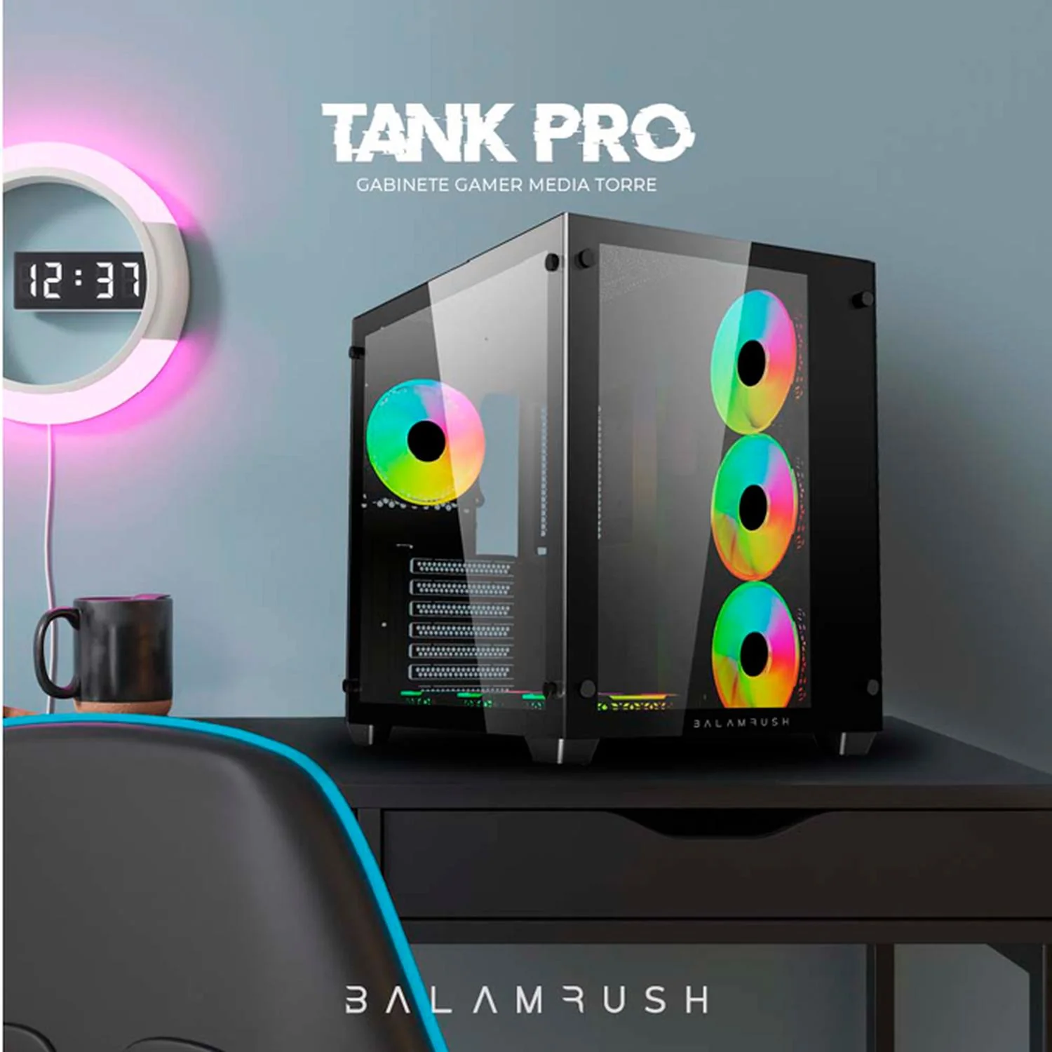 Gabinete Gamer BALAM RUSH TANK PRO GM930 ATX Media Torre 4 Fan RGB USB 3.0 Negro BR-935944 - Image 5