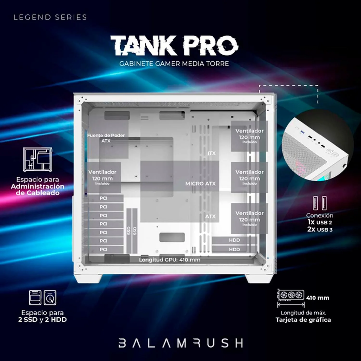 Gabinete Gamer BALAM RUSH TANK PRO GM930 ATX Media Torre 4 Fan RGB USB 3.0 Blanco BR-935951 - Image 3