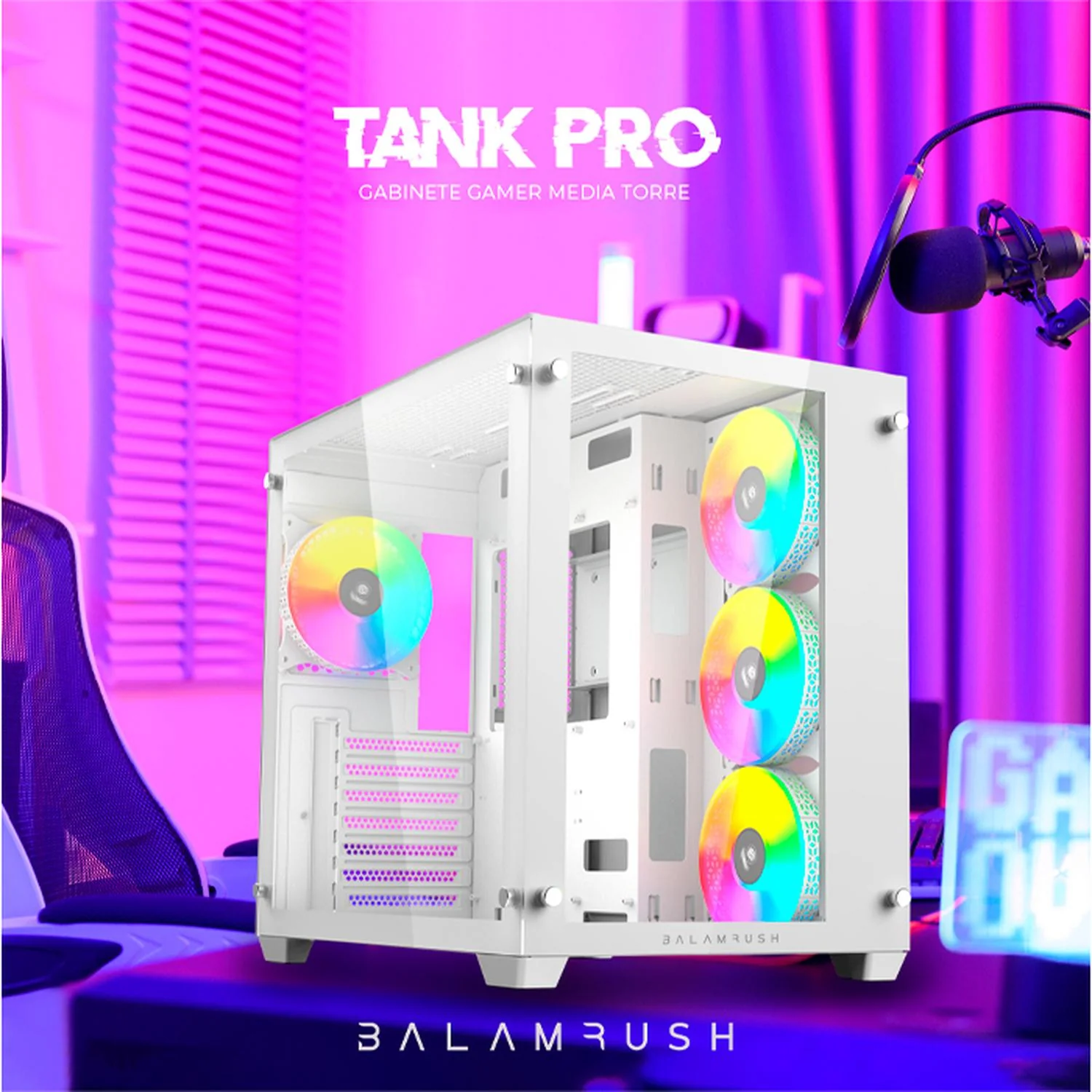 Gabinete Gamer BALAM RUSH TANK PRO GM930 ATX Media Torre 4 Fan RGB USB 3.0 Blanco BR-935951 - Image 4