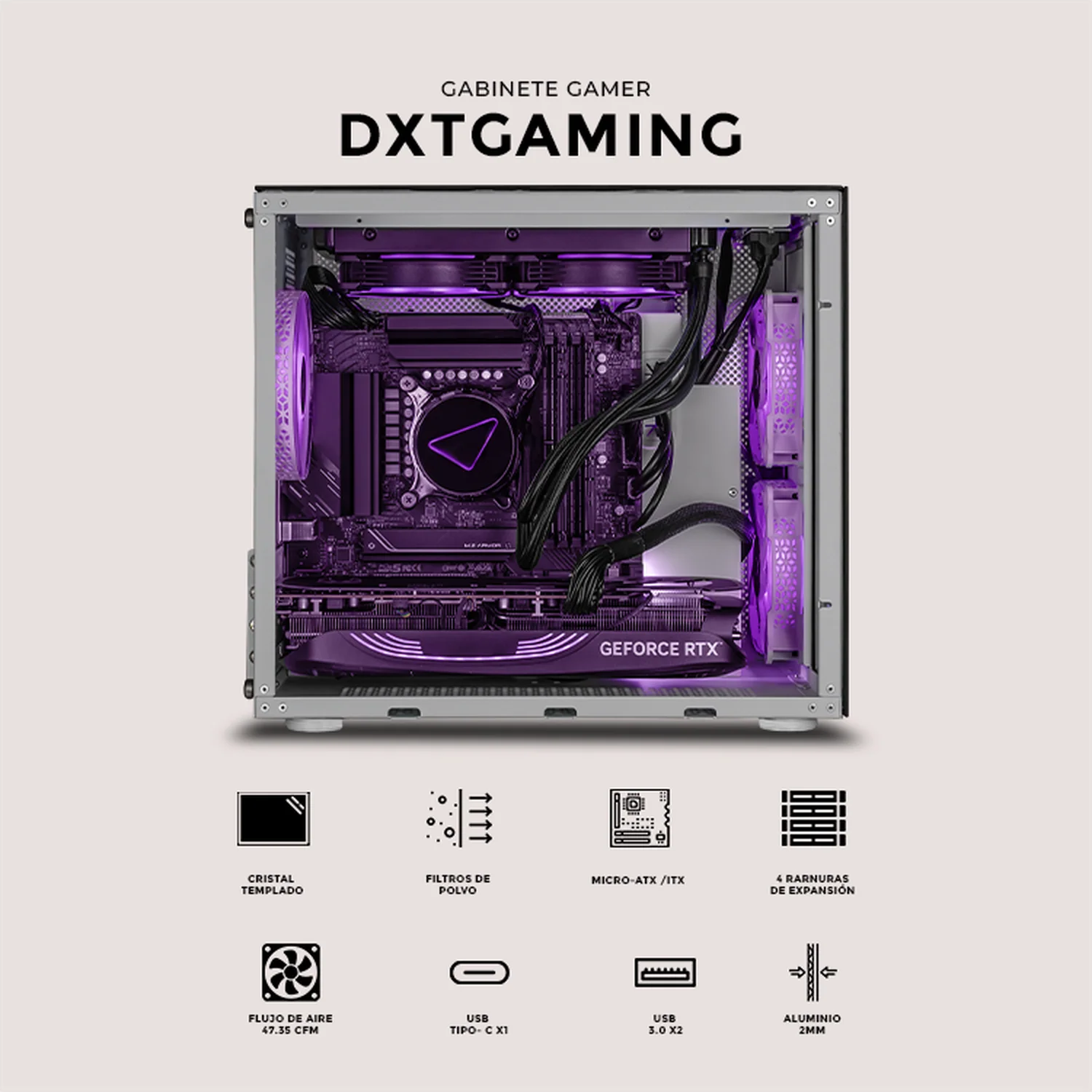 Gabinete DXT GAMING Titan T7 Mini Torre 3 Fan ARGB USB-C Aluminio CDXTT7M - Image 5