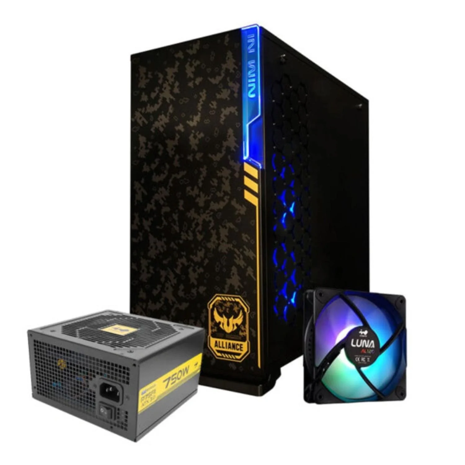 Gabinete Gamer IN WIN 101 TUF BLACK ATX Media Torre Fuente 750w GOLD Kit 3 Fan LUNA Cristal Templado