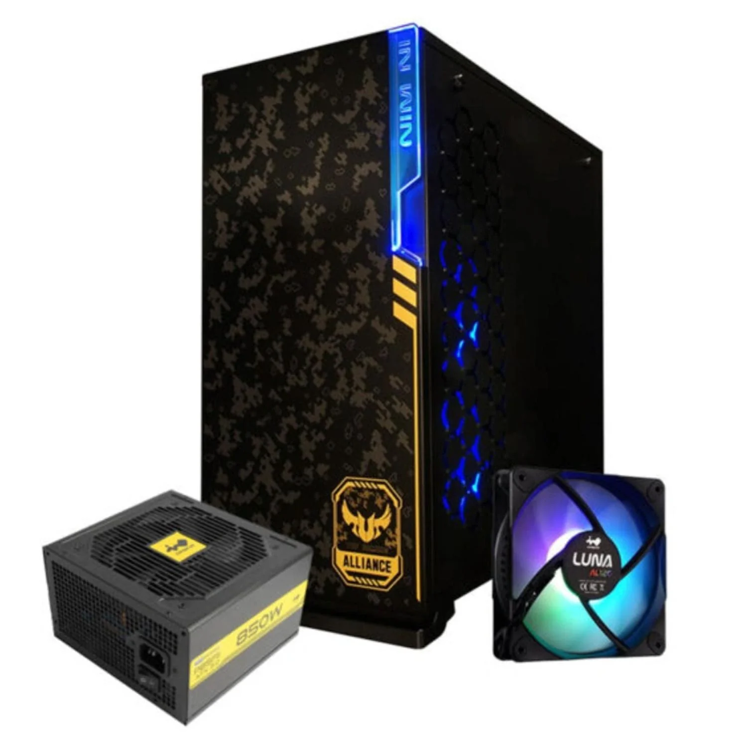 Gabinete Gamer IN WIN 101 TUF BLACK ATX Media Torre Fuente 850w GOLD Kit 3 Fan LUNA Cristal Templado