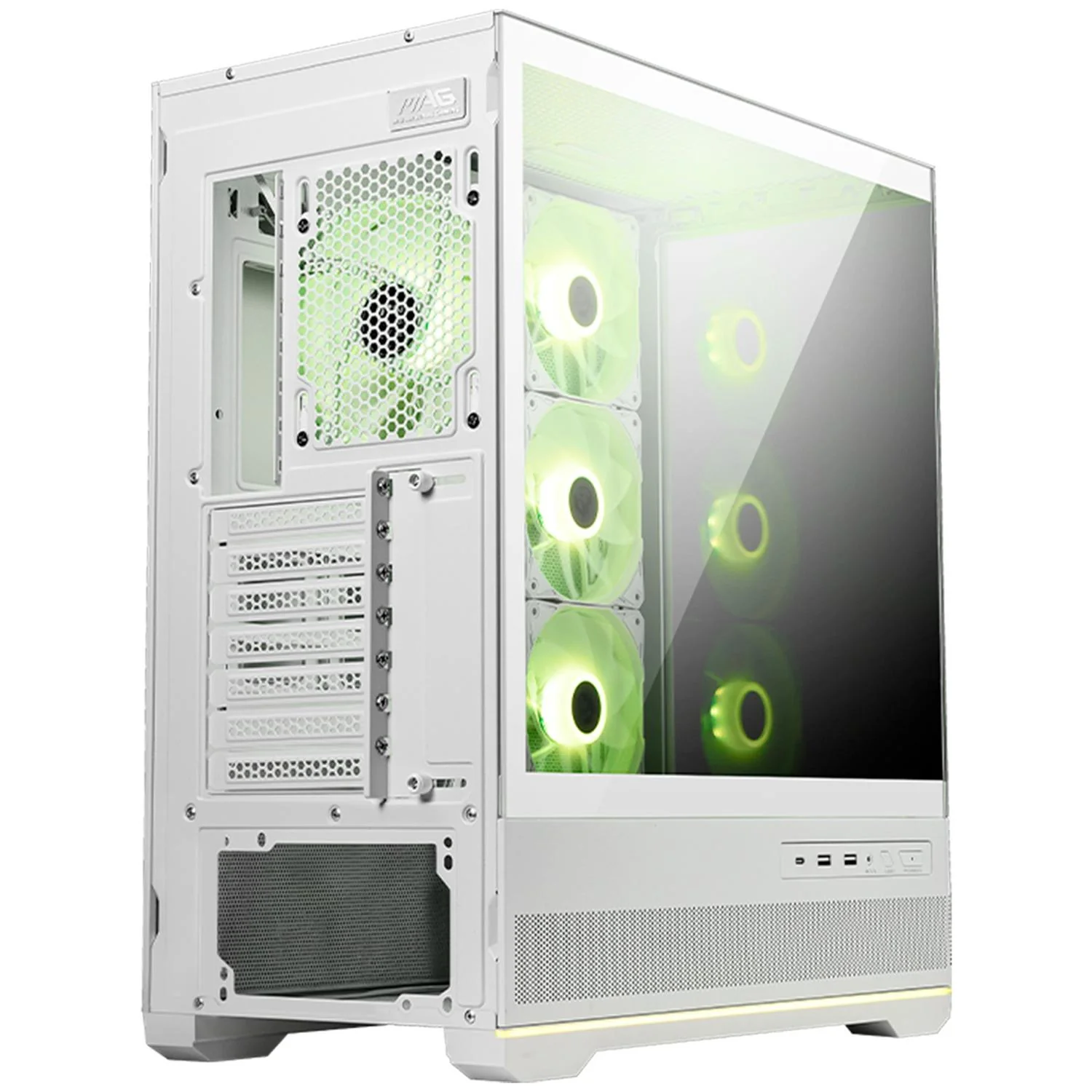 Gabinete Gamer MSI MAG PANO 110R PZ WHITE ATX Media Torre 4 Fan Cristal Templado USB-C ARGB Blanco - Image 3