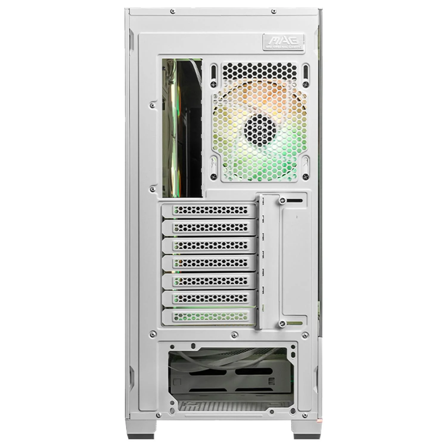 Gabinete Gamer MSI MAG PANO 110R PZ WHITE ATX Media Torre 4 Fan Cristal Templado USB-C ARGB Blanco - Image 5