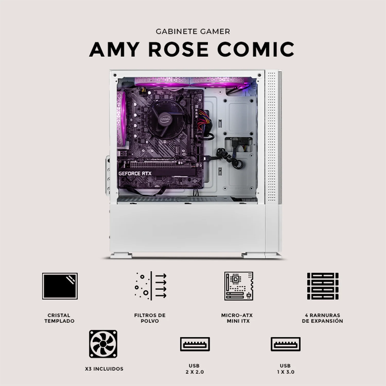 Gabinete XTREME PC GAMING Sonic Amy Comic Edition Mini Torre 3 Fan ARGB Blanco CXTACAIWT - Image 5