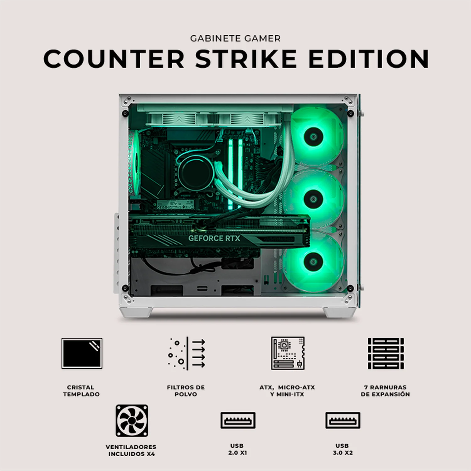 Gabinete XTREME PC GAMING Counter Strike 2 Edition Media Torre 4 Fan RGB Blanco CXTCS930WT - Image 5