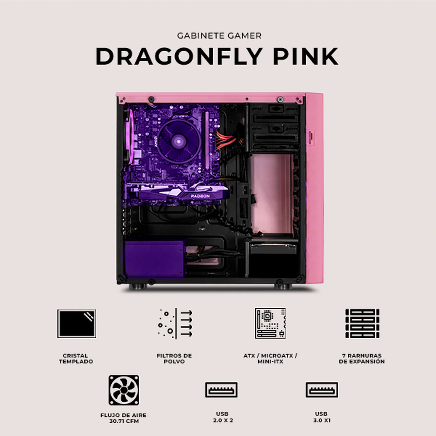 Gabinete XTREME PC GAMING Dragonfly Media Torre 4 Fan RGB Rosa CXT320PK - Image 5
