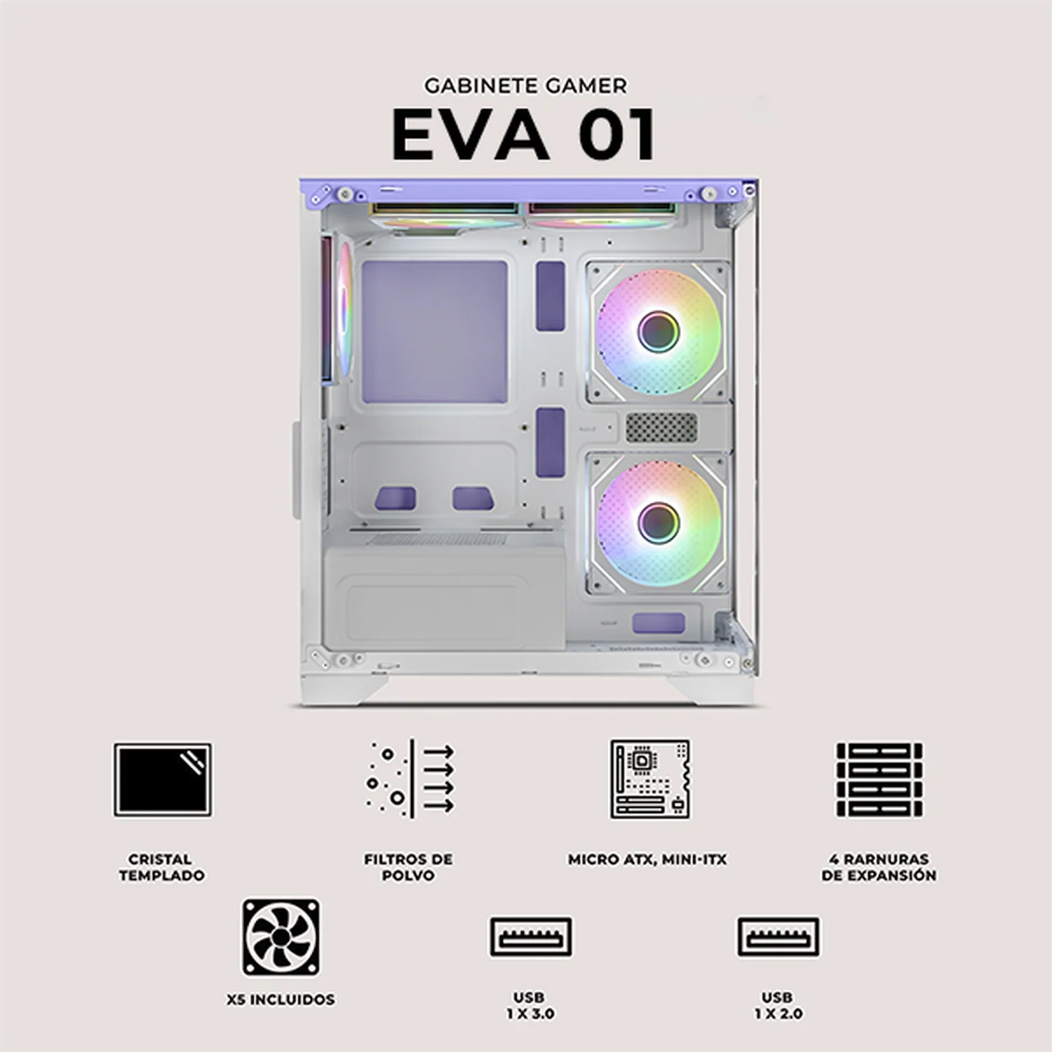 Gabinete XTREME PC GAMING Evangelion 01 Comic Edition Mini Torre 5 Fan ARGB HUB Lila CXTEVKRVT - Image 5