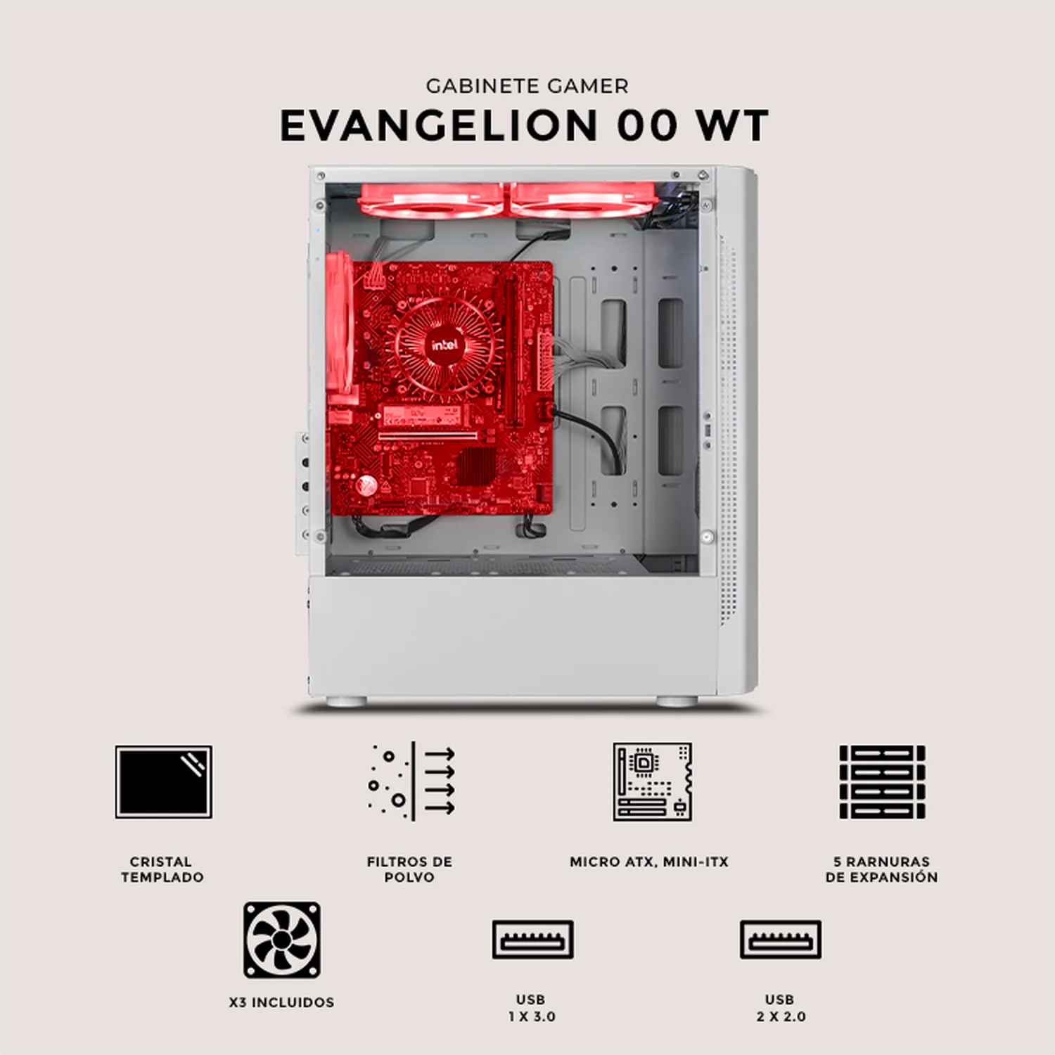 Gabinete XTREME PC GAMING Evangelion 00 V3 Edition Mini Torre 3 Fan RGB Blanco CXTEV730WT - Image 5
