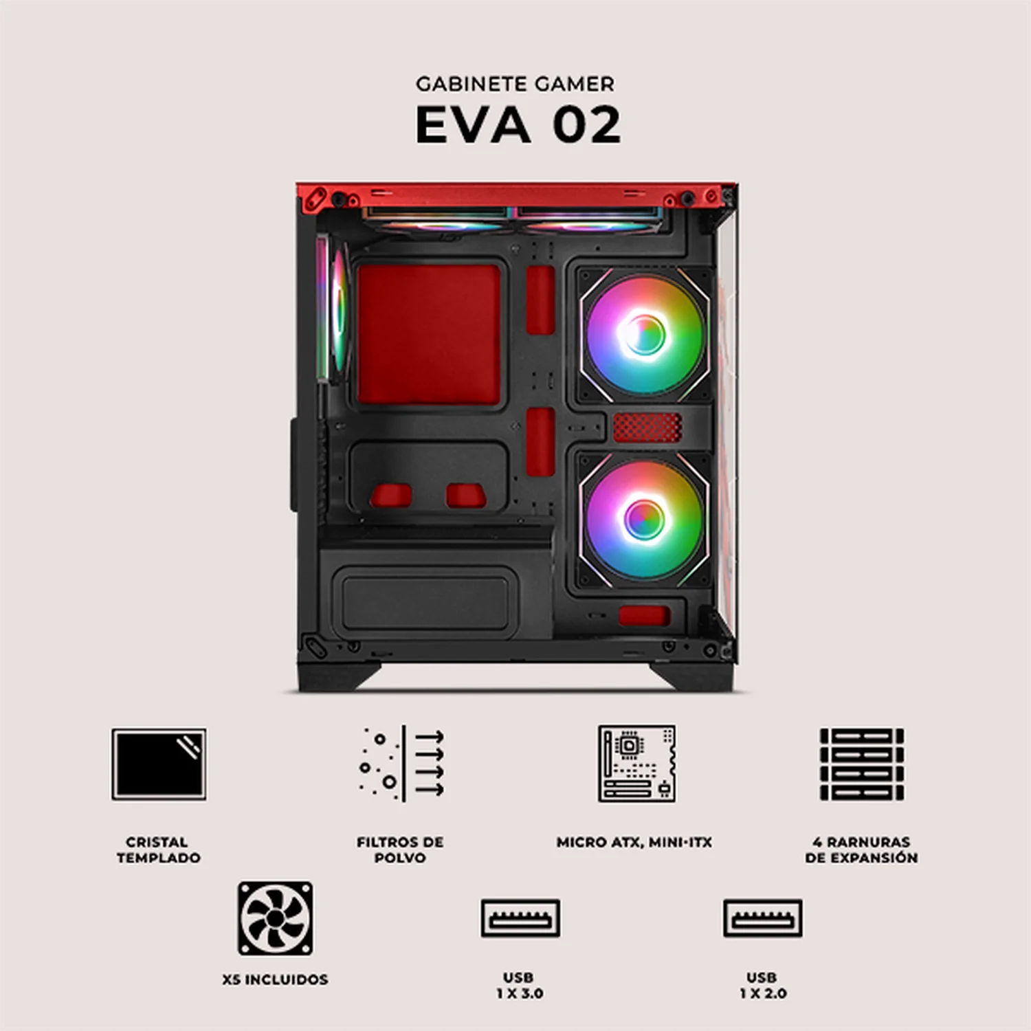 Gabinete XTREME PC GAMING Evangelion 02 Comic Edition Mini Torre 5 Fan ARGB HUB Rojo CXTEV2THRD - Image 5