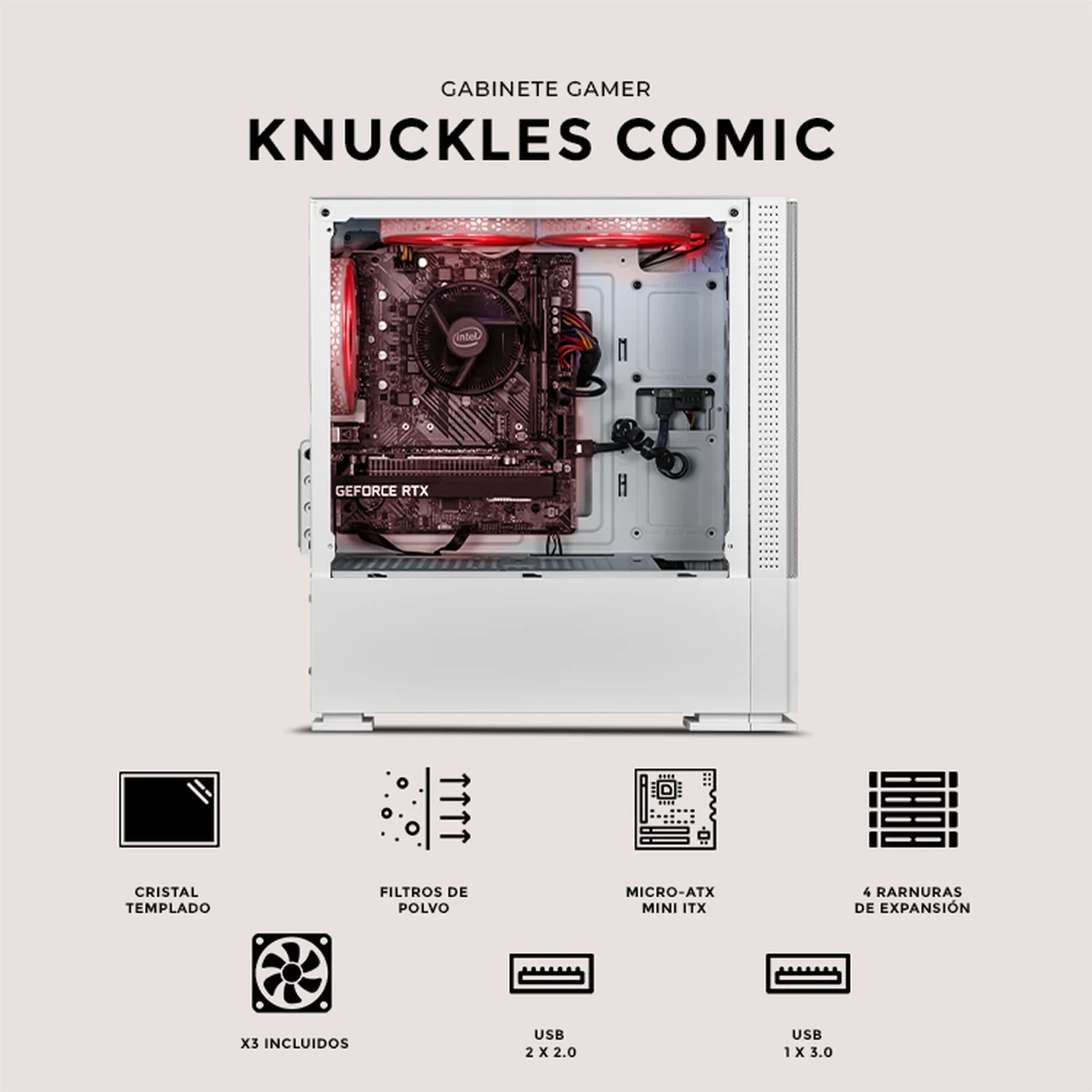 Gabinete XTREME PC GAMING Sonic Knuckles Comic Edition Mini Torre 3 Fan ARGB Blanco CXTKCAIWT - Image 5
