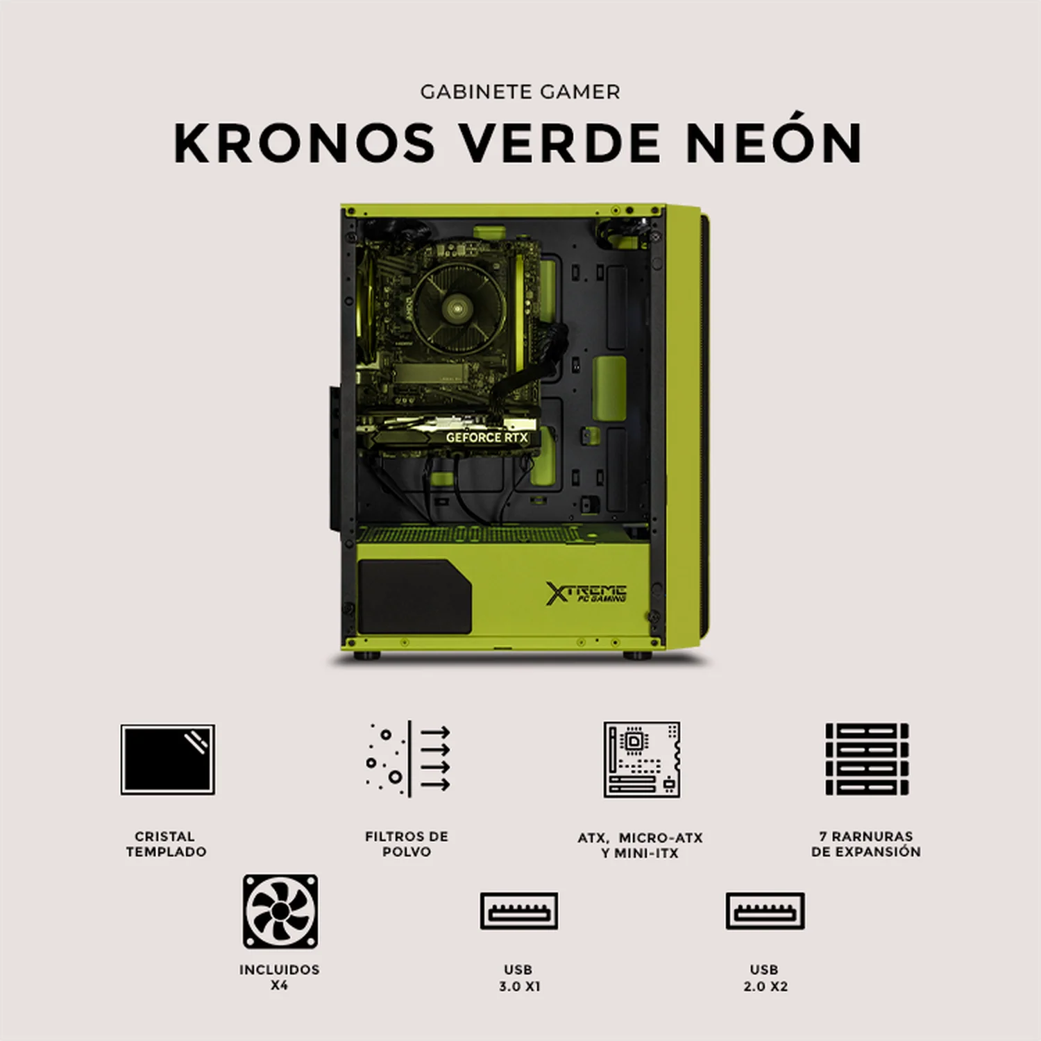 Gabinete XTREME PC GAMING Kronos Media Torre 4 Fan ARGB Verde Neon CXTGSXNG - Image 5