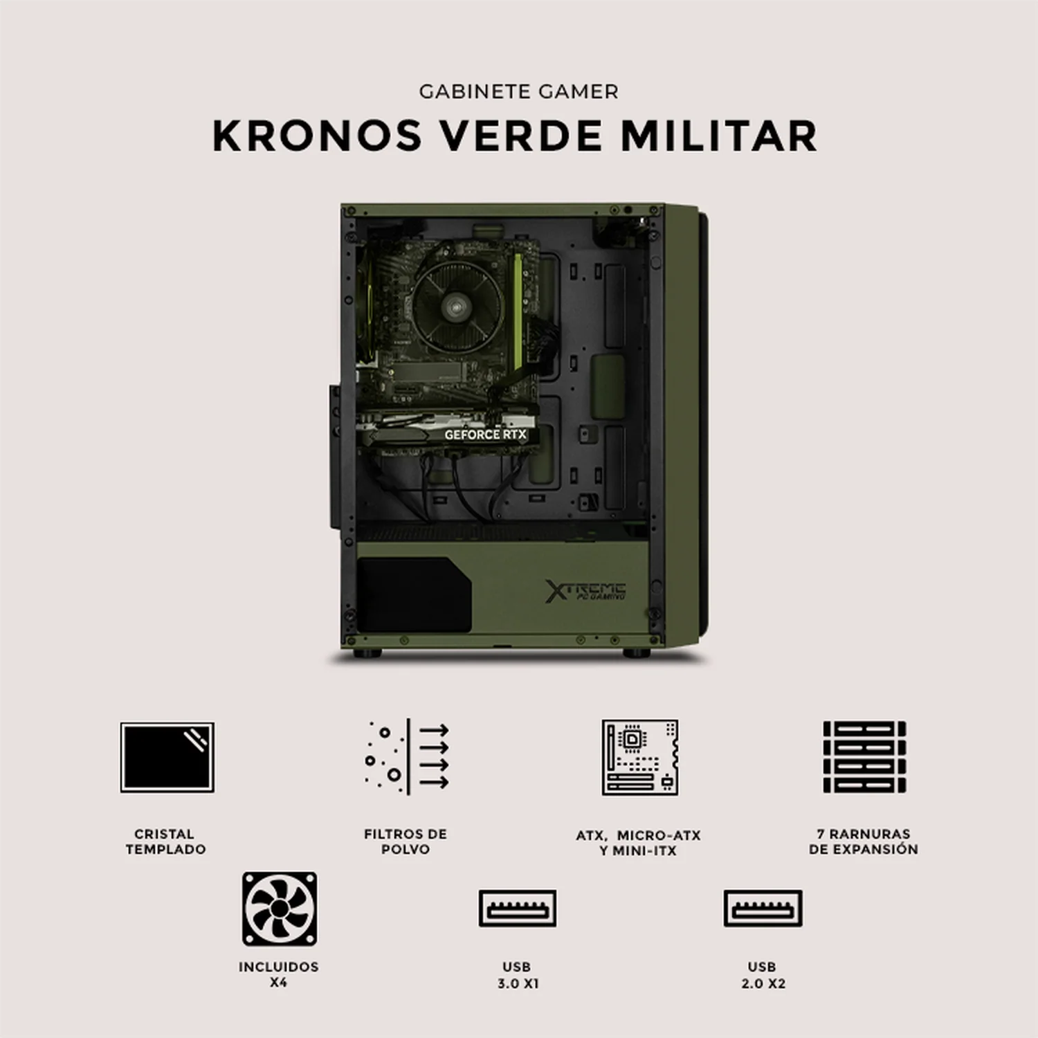 Gabinete XTREME PC GAMING Kronos Media Torre 4 Fan ARGB Verde Militar CXTGSXDG - Image 5