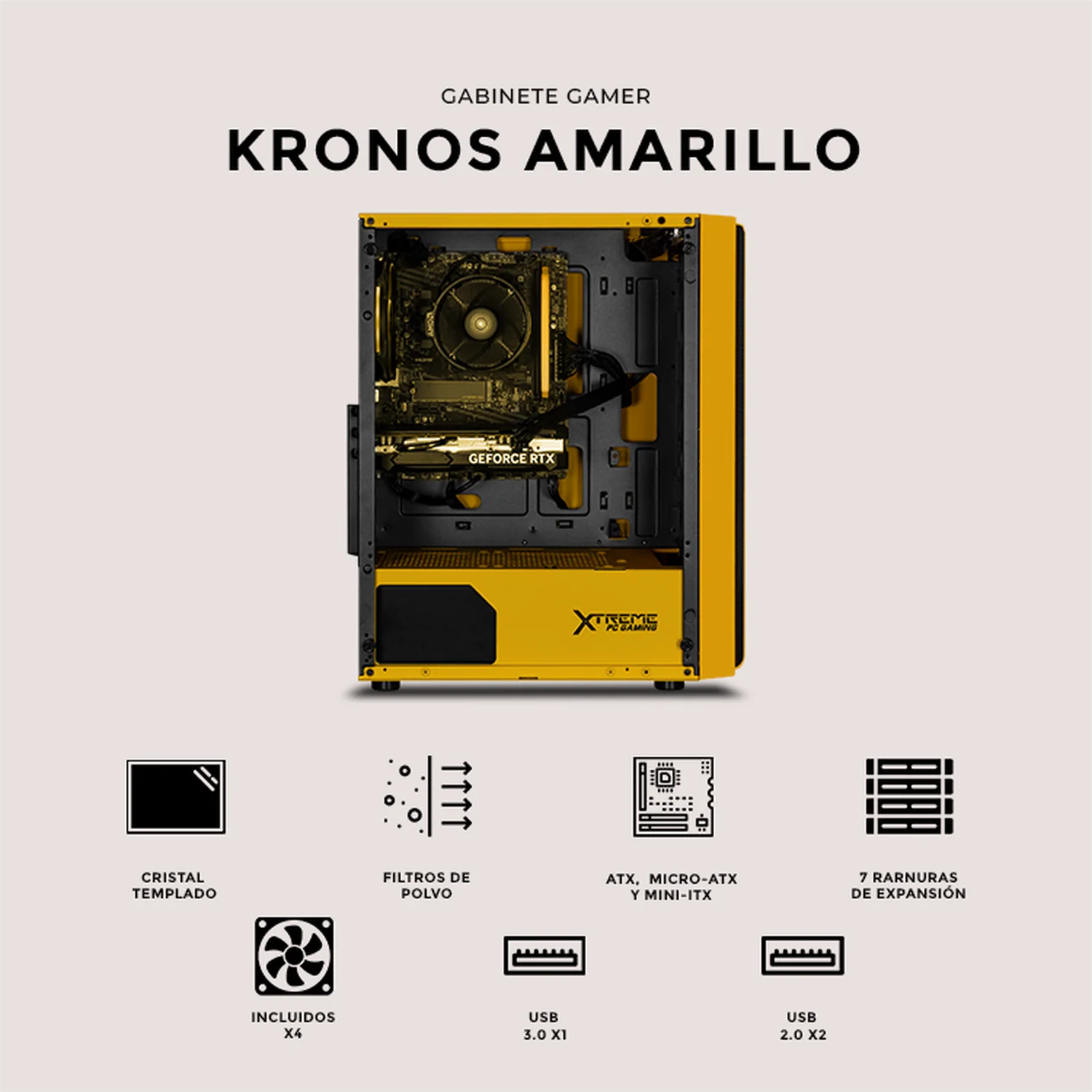Gabinete XTREME PC GAMING Kronos Media Torre 4 Fan ARGB Amarillo CXTGSXYE - Image 5