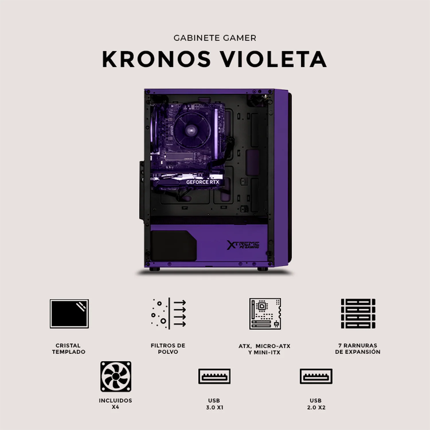 Gabinete XTREME PC GAMING Kronos Media Torre 4 Fan ARGB Violeta CXTGSXVT - Image 5