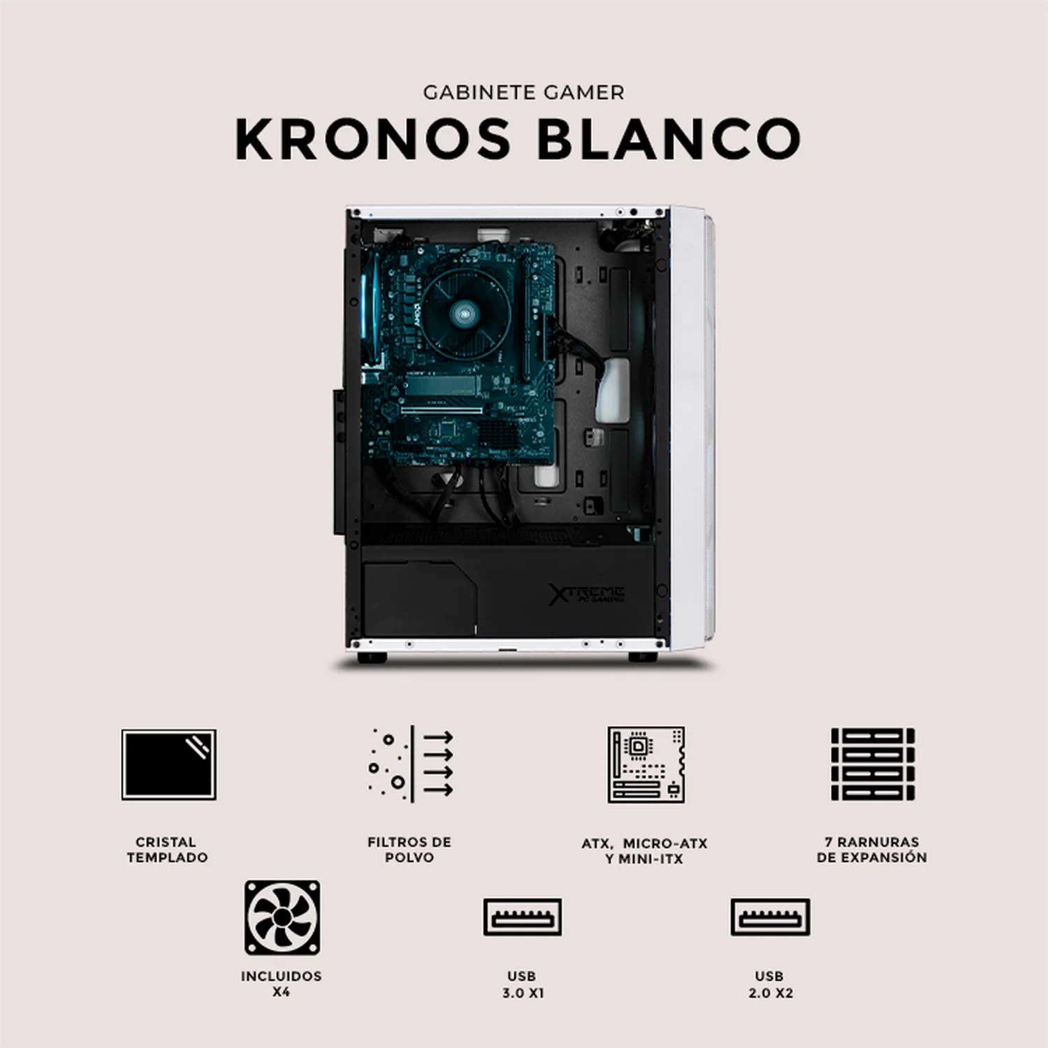 Gabinete XTREME PC GAMING Kronos Media Torre Fuente 600W 4 Fan ARGB Blanco CXTGSXWT - Image 5