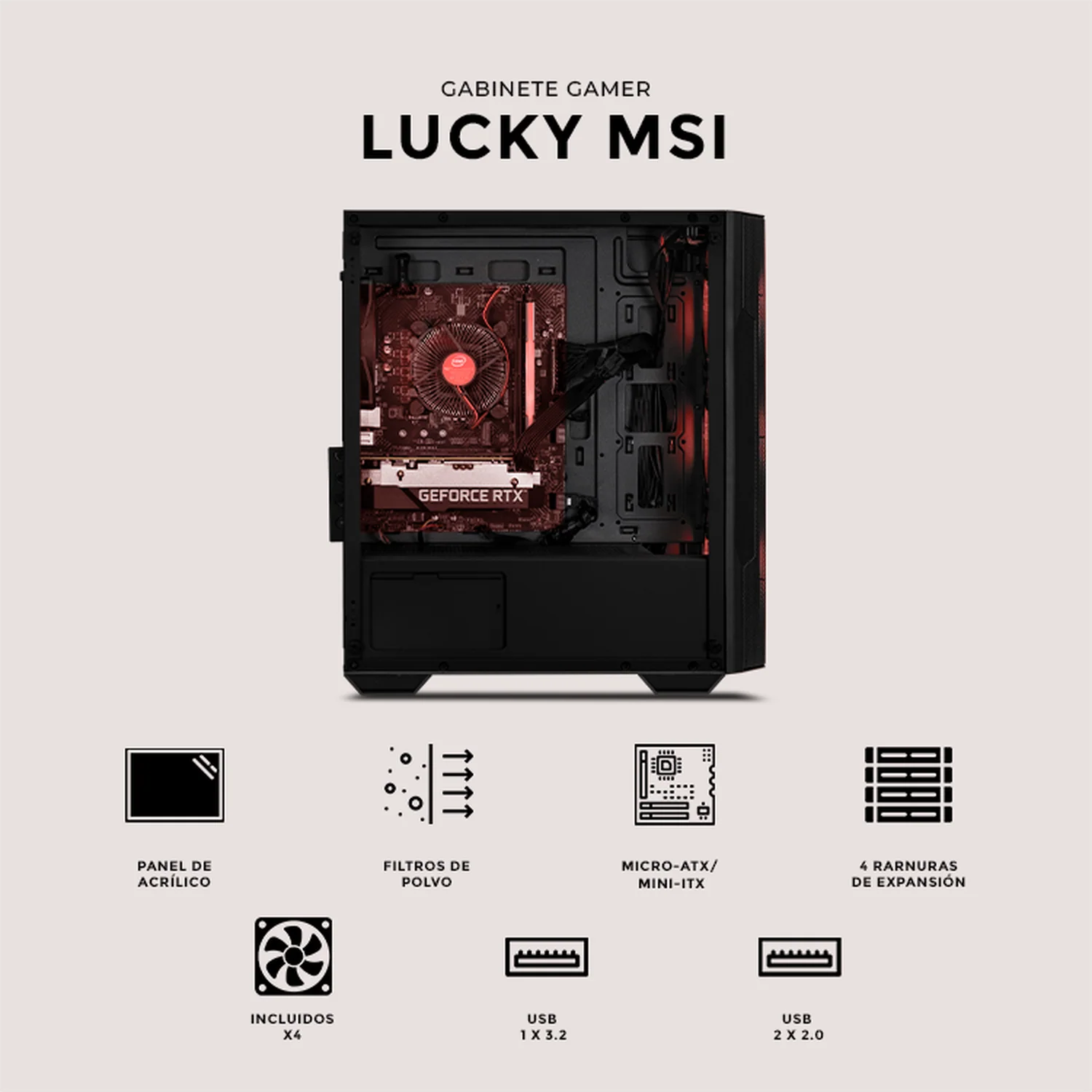Gabinete XTREME PC GAMING MSI Lucky Edition Mini Torre 4 Fan RGB Negro CXTLUMABK - Image 5