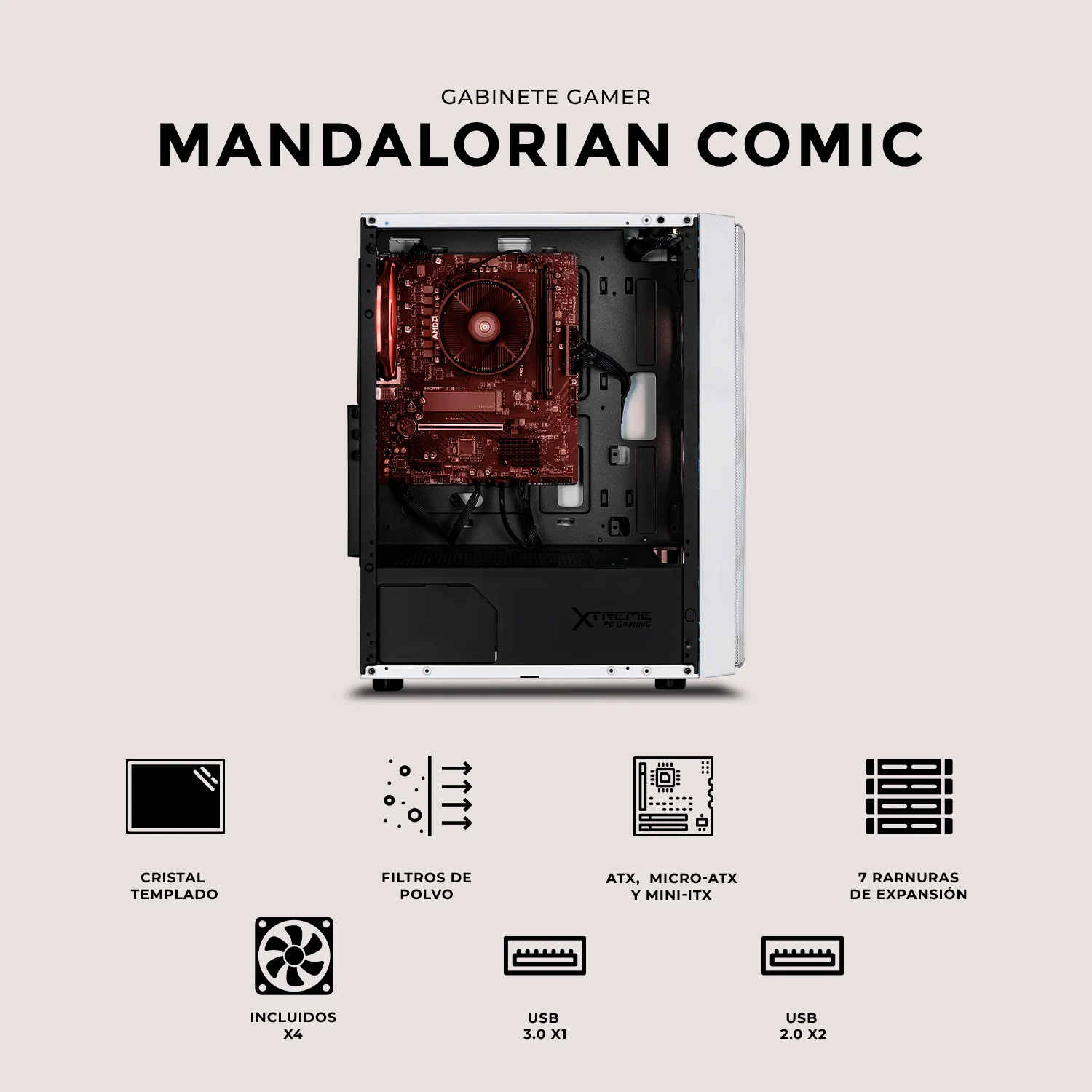 Gabinete XTREME PC GAMING StarWars Mandalorian Comic Edition Media Torre Fuente 600W 4 Fan ARGB Blanco CXTMAKRWT - Image 5