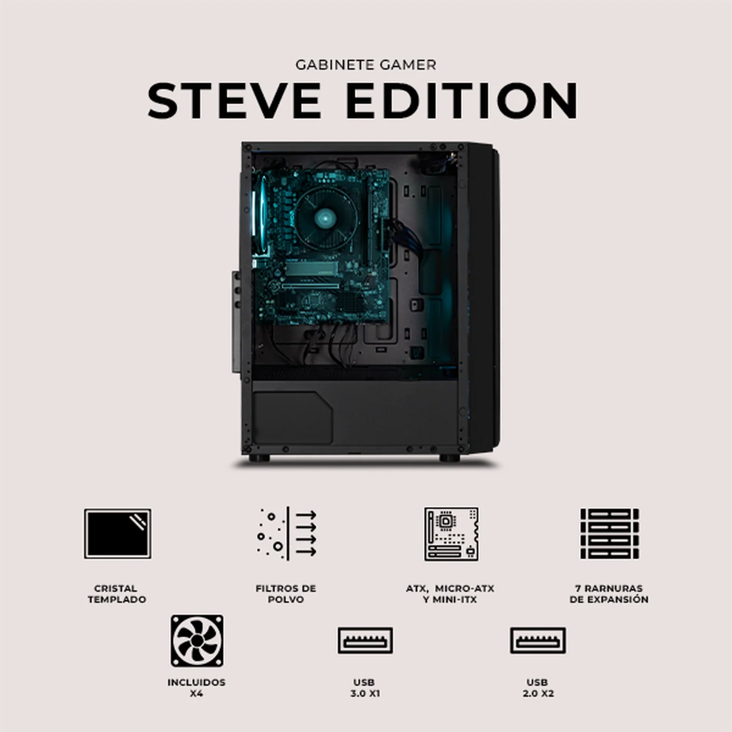 Gabinete XTREME PC GAMING Minecraft Steve Edition Media Torre 4 Fan ARGB Negro CXTMA6000BK - Image 5