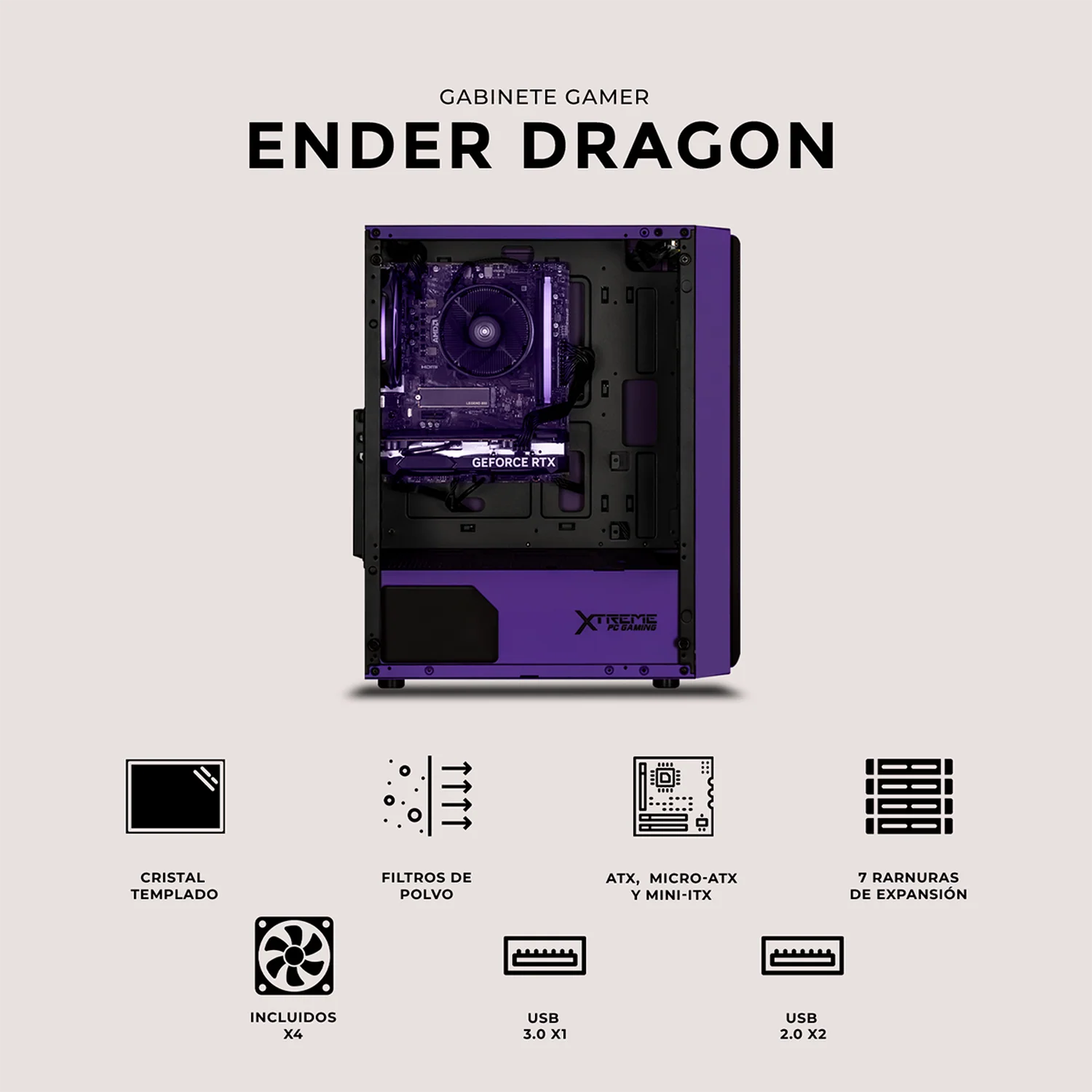 Gabinete XTREME PC GAMING Minecraft Ender Dragon Edition Media Torre 4 Fan ARGB Violeta CXTMED6000BK - Image 5