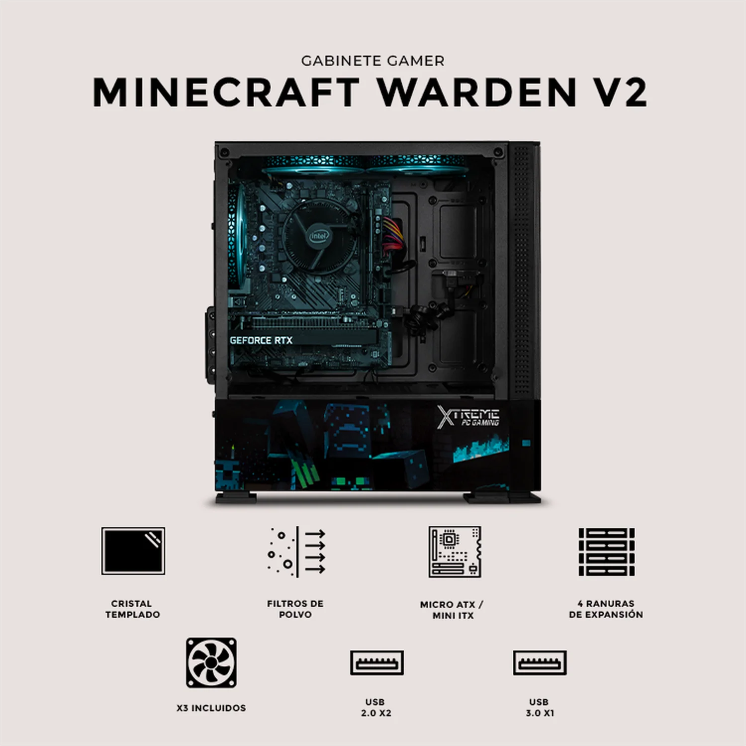 Gabinete XTREME PC GAMING Minecraft Warden V2 Edition Mini Torre 3 Fan ARGB Negro CXTMWB701BK - Image 5