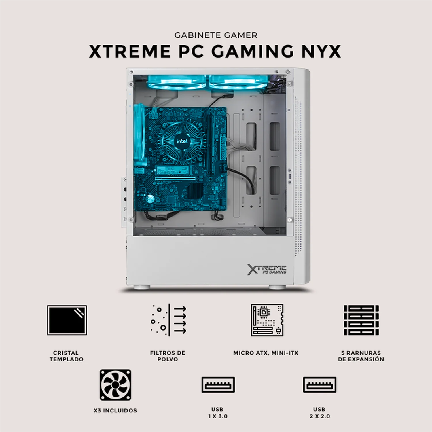 Gabinete XTREME PC GAMING Nyx Mini Torre 3 Fan RGB Blanco CXT730WT - Image 5