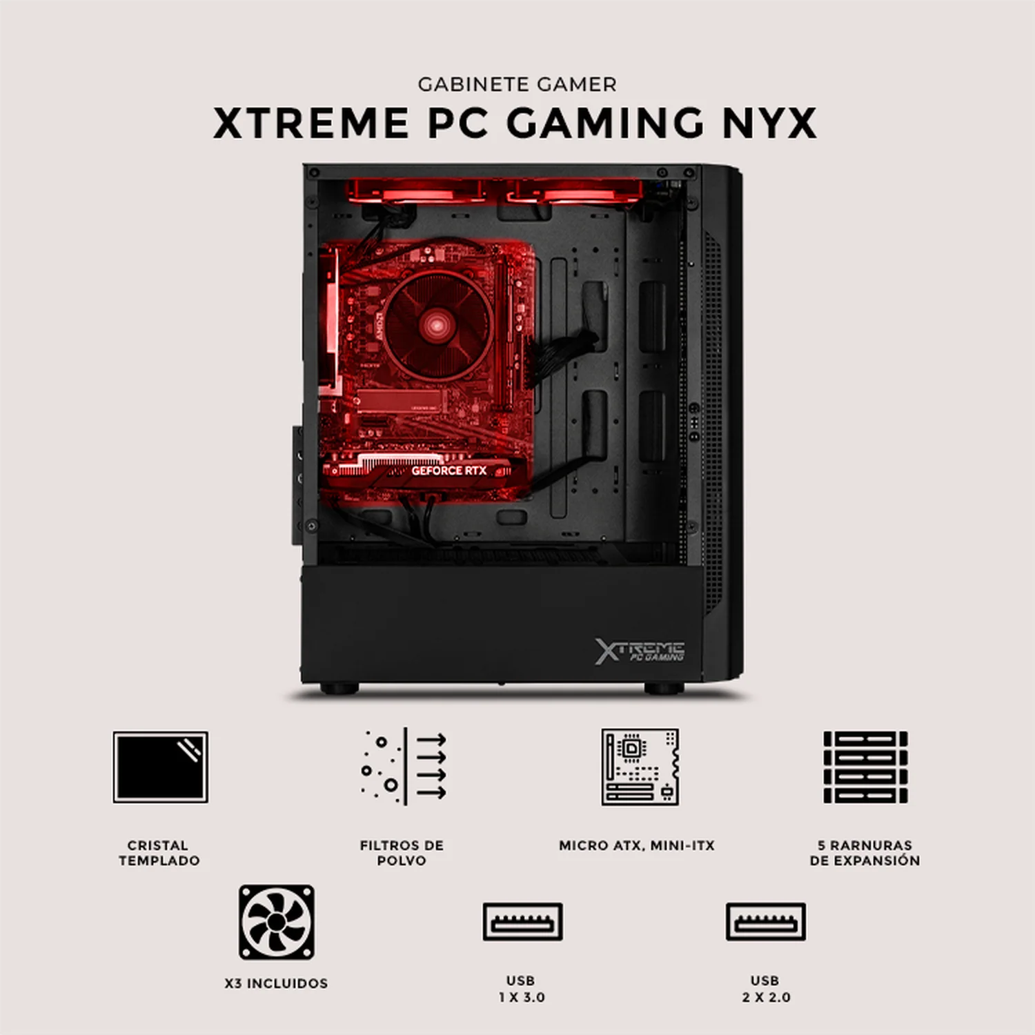 Gabinete XTREME PC GAMING Nyx Mini Torre 3 Fan RGB Negro CXT730BK - Image 5