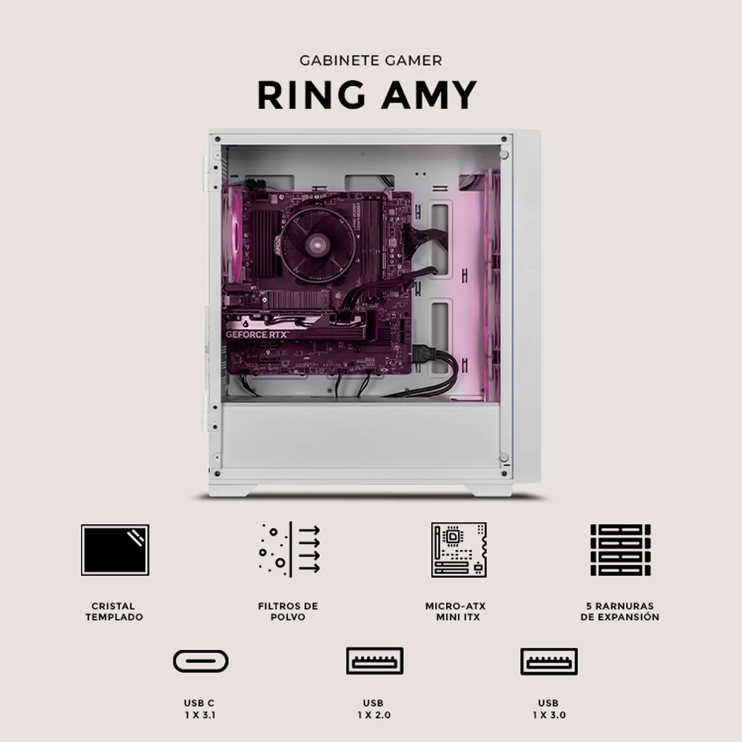 Gabinete XTREME PC GAMING Sonic Amy Ring Edition Mini Torre 4 Fan ARGB USB-C Blanco CXTRA6000WT - Image 5