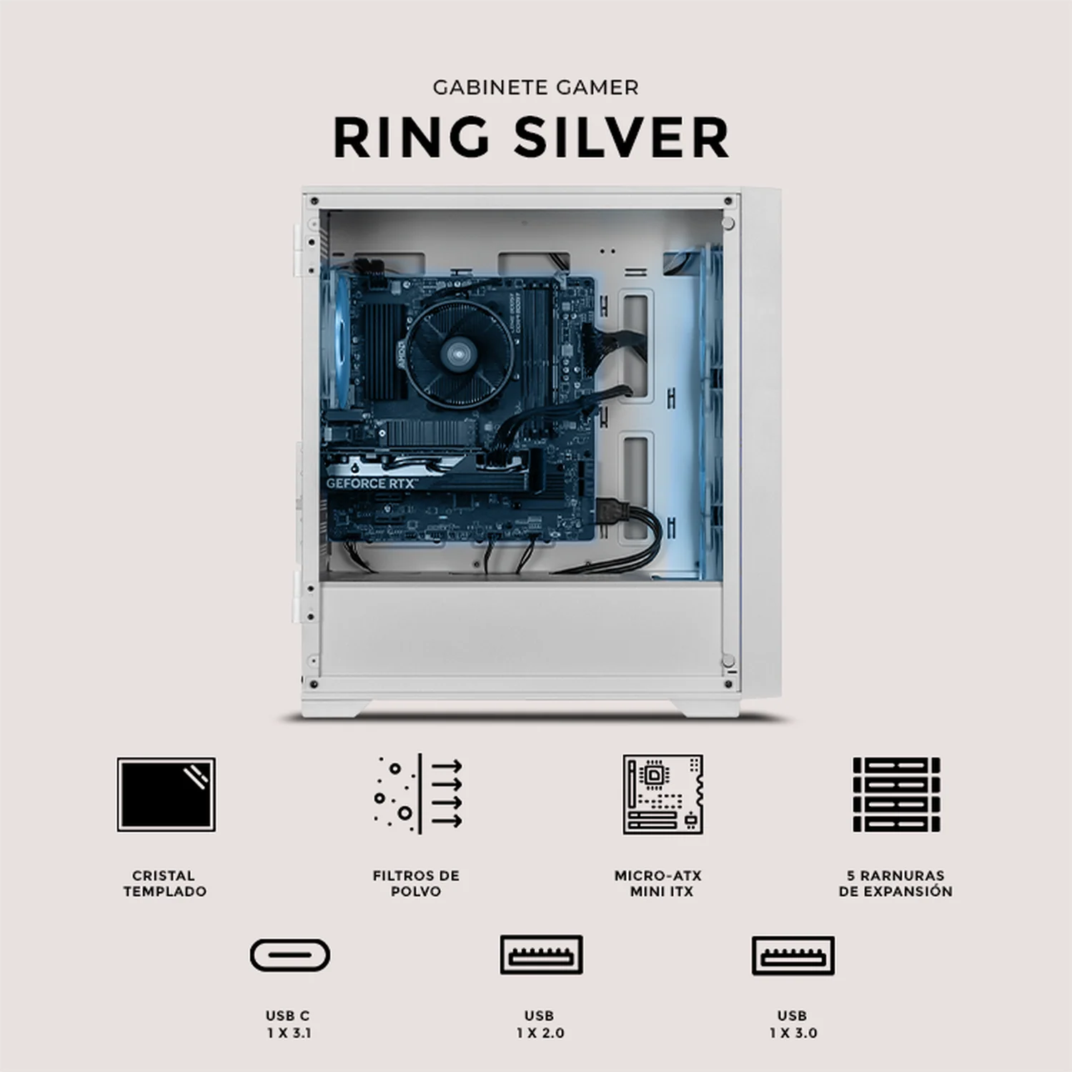 Gabinete XTREME PC GAMING Sonic Silver Ring Edition Mini Torre 4 Fan ARGB USB-C Blanco CXTRS6000WT - Image 5