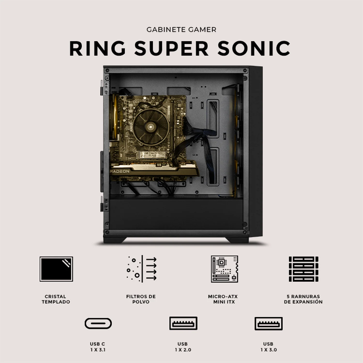 Gabinete XTREME PC GAMING Sonic Super Sonic Ring Edition Mini Torre 4 Fan ARGB USB-C Negro CXTSS6000BK - Image 5