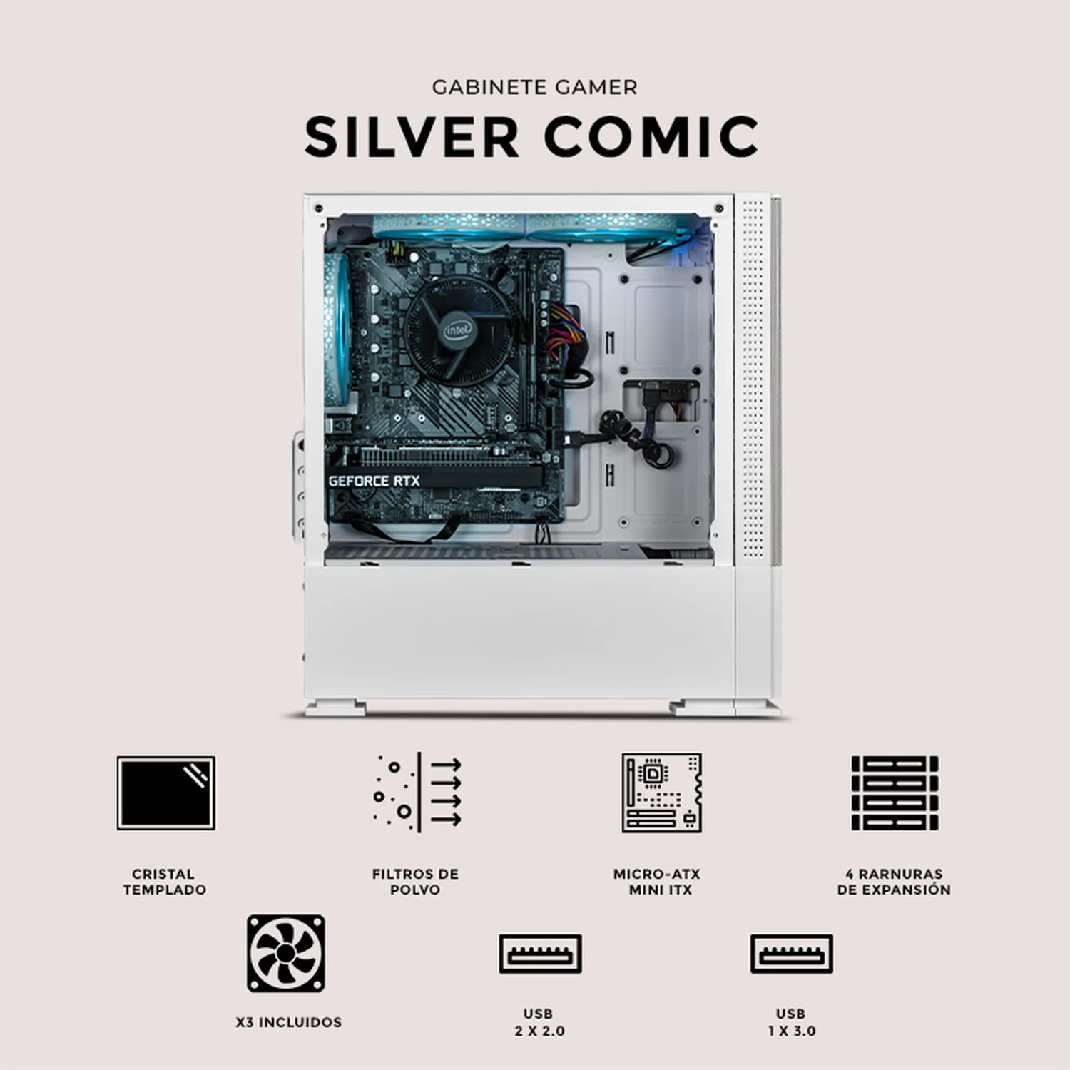 Gabinete XTREME PC GAMING Sonic Silver Comic Edition Mini Torre 3 Fan ARGB Blanco CXTSCAIWT - Image 5