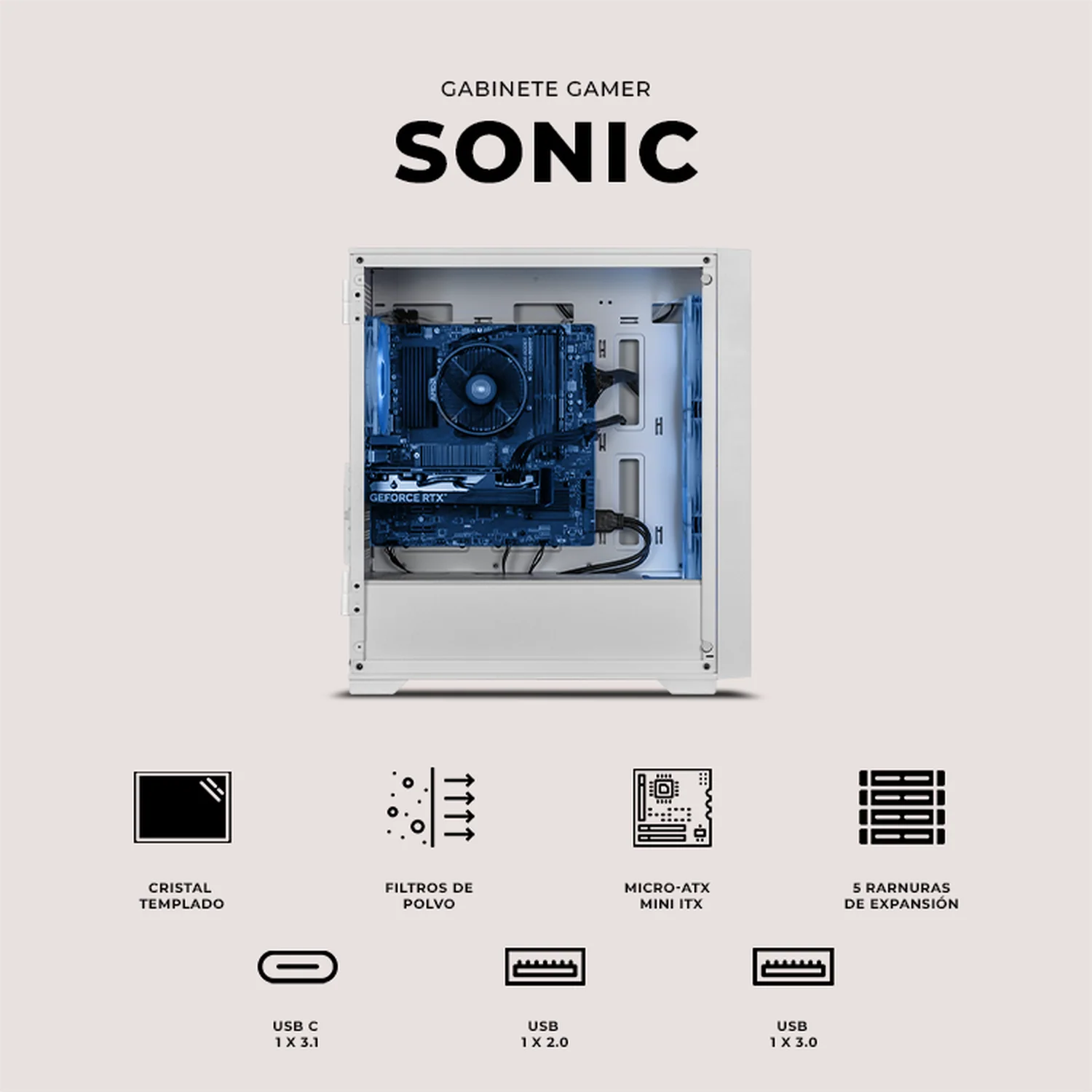 Gabinete XTREME PC GAMING Sonic Edition Mini Torre 4 Fan ARGB USB-C Blanco CXTSO6000WT - Image 5