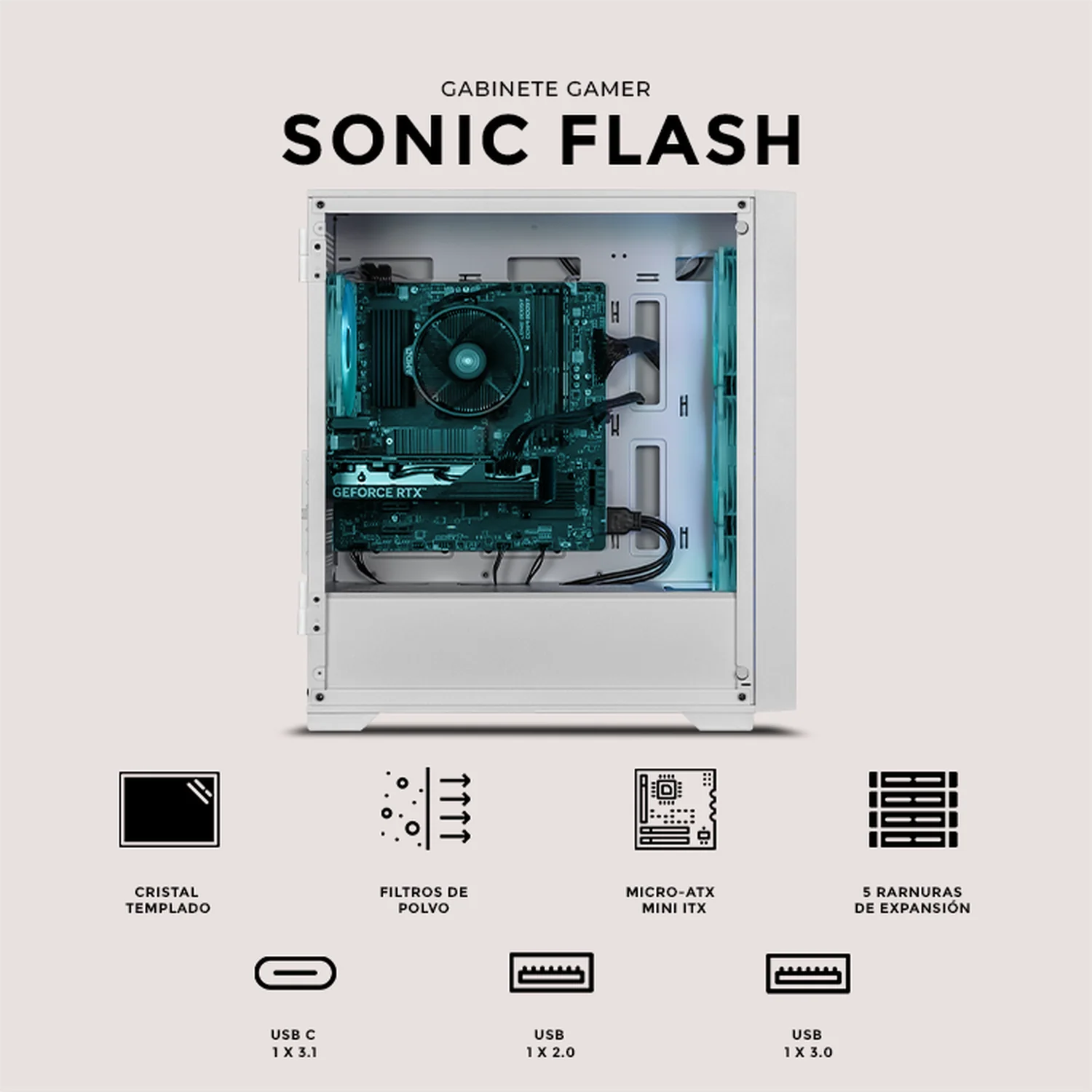 Gabinete XTREME PC GAMING Sonic Flash Edition Mini Torre 4 Fan ARGB USB-C Blanco CXTSF6000WT - Image 5