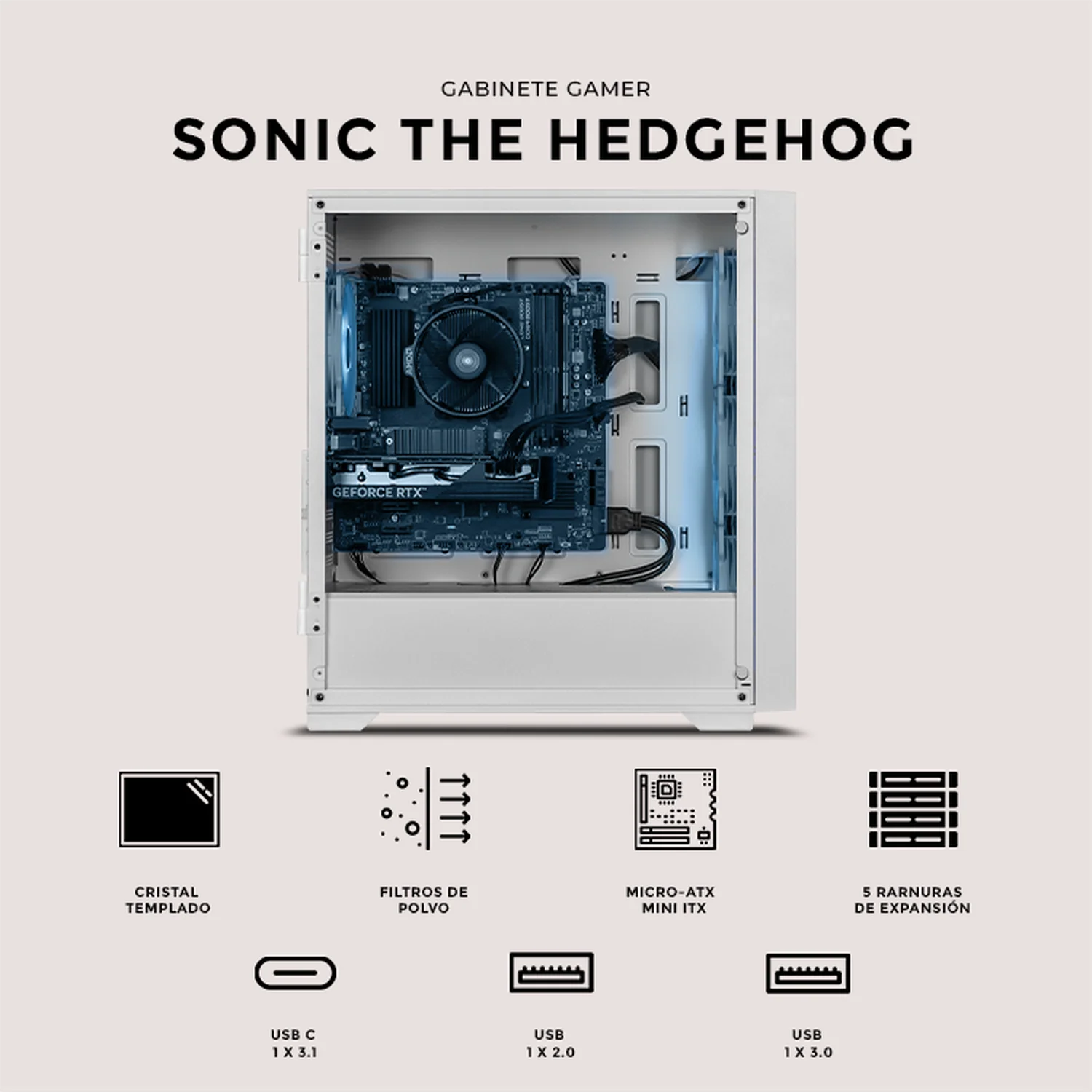 Gabinete XTREME PC GAMING Sonic Hedgehog Comic Edition Mini Torre 4 Fan ARGB USB-C Blanco CXTSH6000WT - Image 5